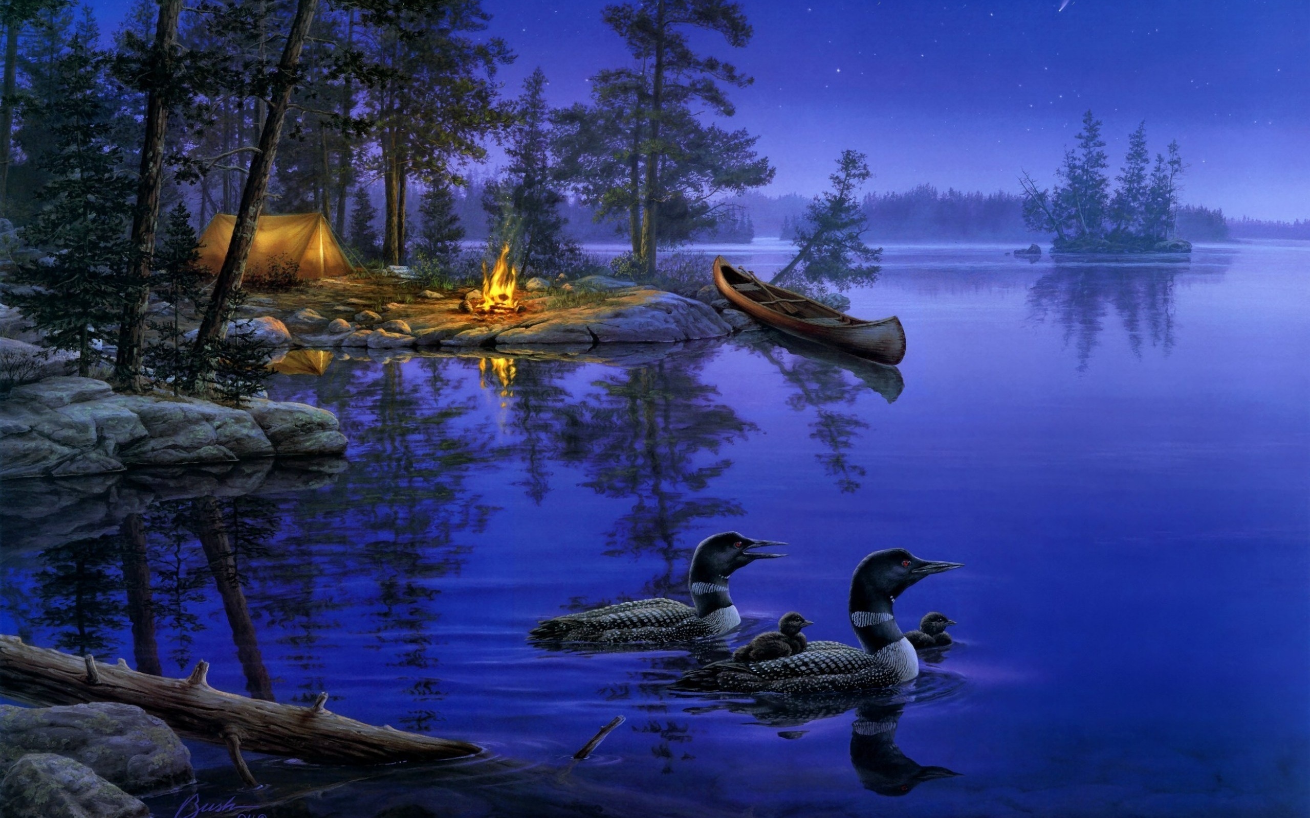 Night Lake Duck Bonfires Landscape Painting 2560x1600