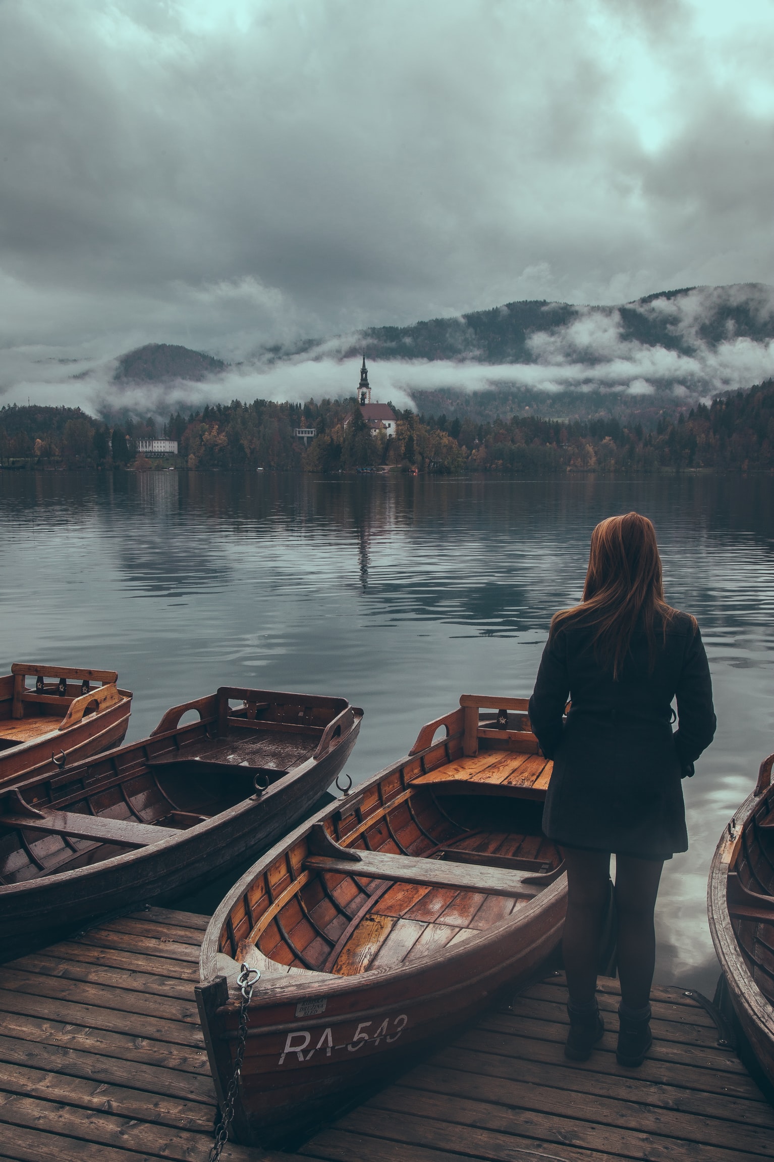 Boat Women Water Mountains Slovenia Lake Bled Rear View Black Coat Coats Brunette Straight Hair Blac 1534x2301