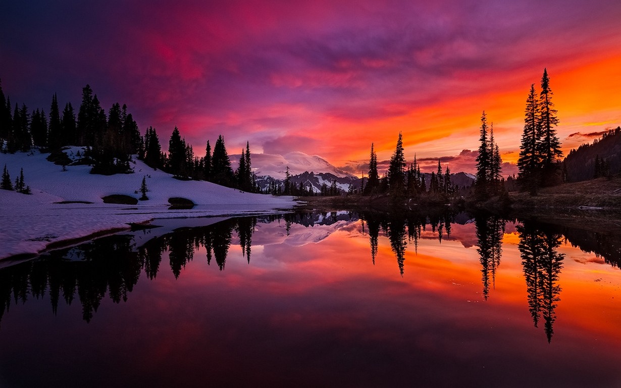 Lake Sunset Mountains Forest Sky Water Snow Reflection Trees Clouds Colorful Washington State Landsc 1230x768