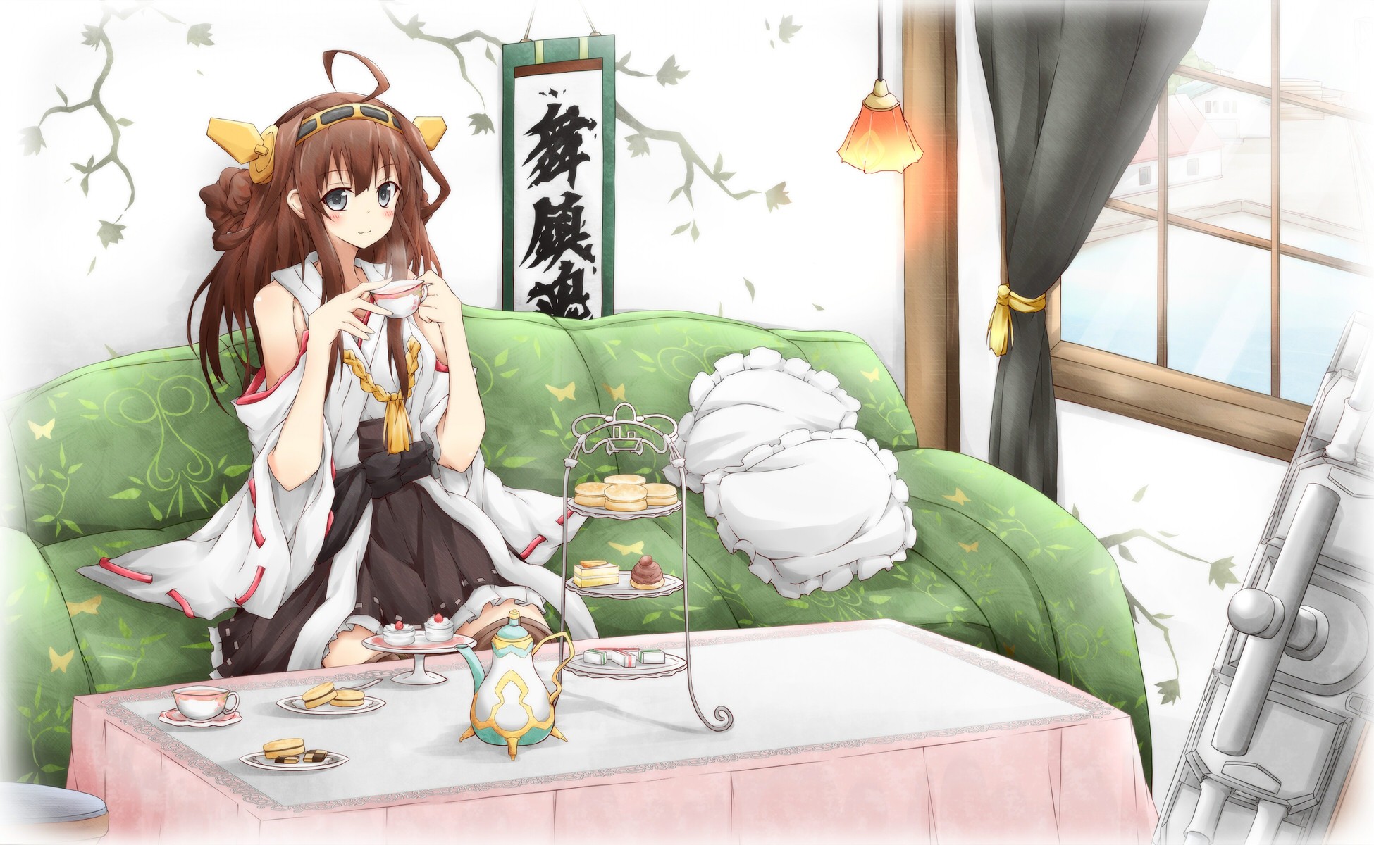 Kongou KanColle Kantai Collection Anime Brunette Long Hair Room Tea Party Couch Kanji 1950x1200