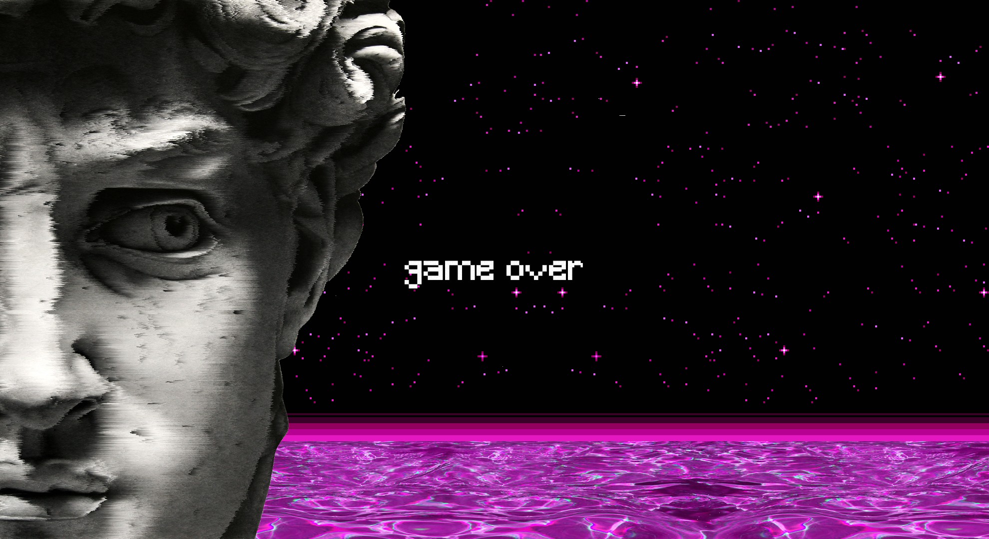Vaporwave Statue Water Spaceship GAME OVER Pixel Art Pink Magenta 1980x1080