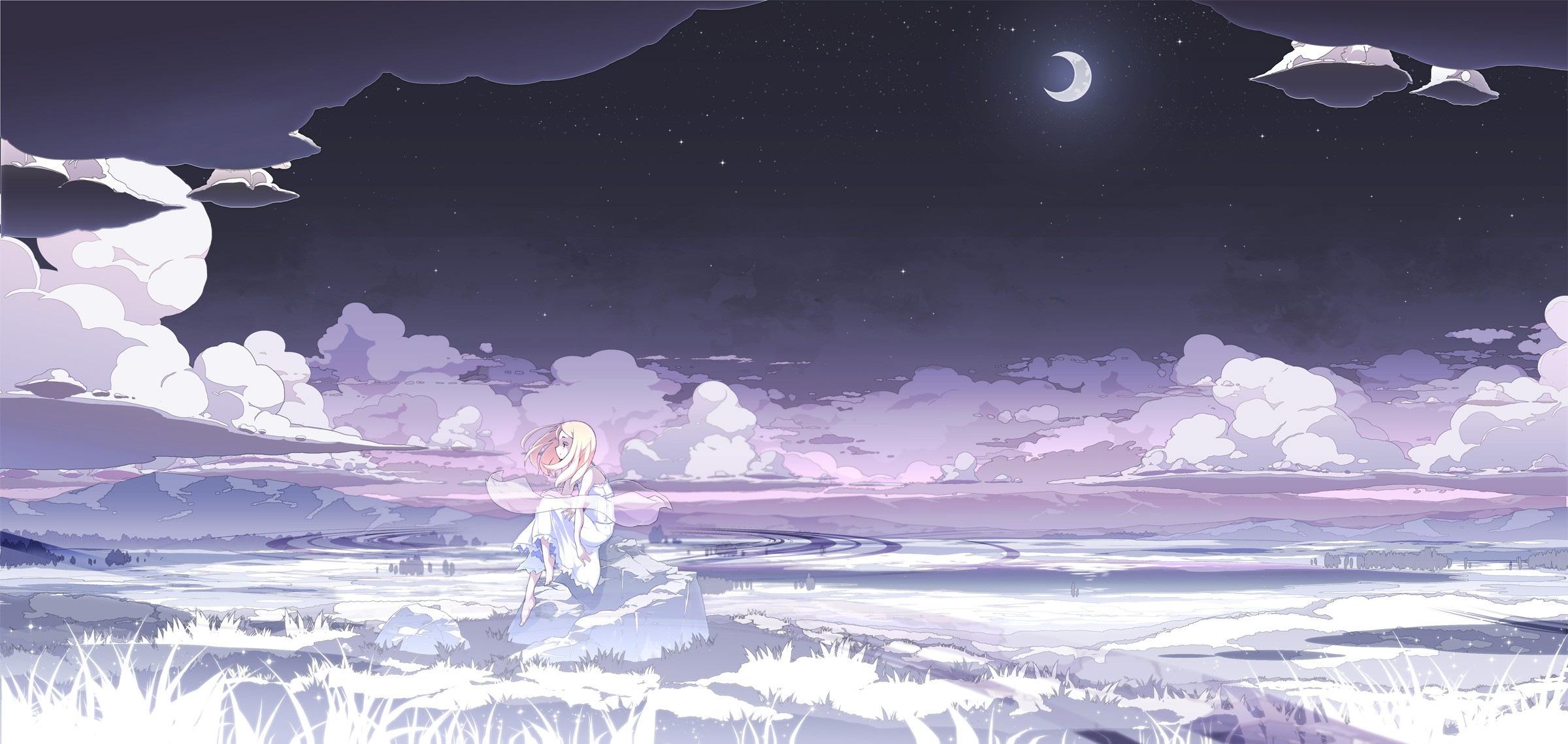 Clouds Moon Night Stars White White Dress Anime Girls Landscape Anime Asakura Masatoki Original Char 2400x1140