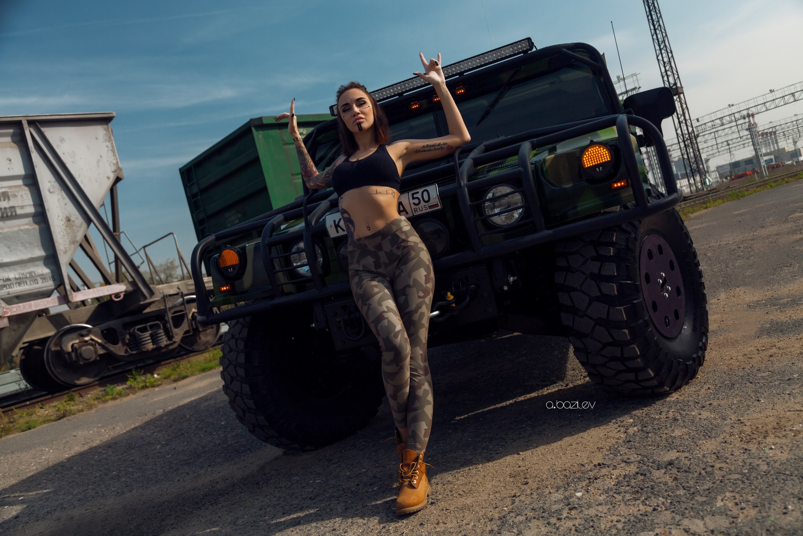 Katerina Kas Women Model Women With Cars Women Outdoors Shoes Camouflage Pants Tattoo Looking At Vie 2560x1707