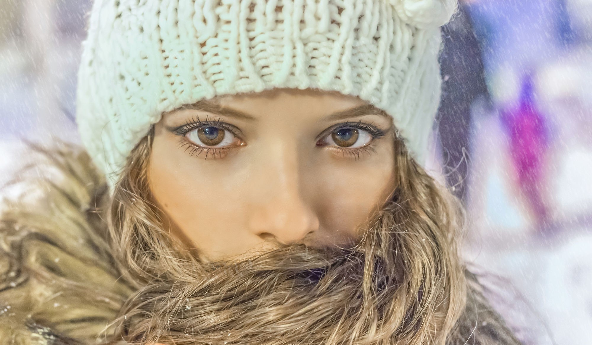Cold Winter Woolly Hat Women Wool Cap Hazel Eyes Model White Cap Closeup Portrait 2000x1167