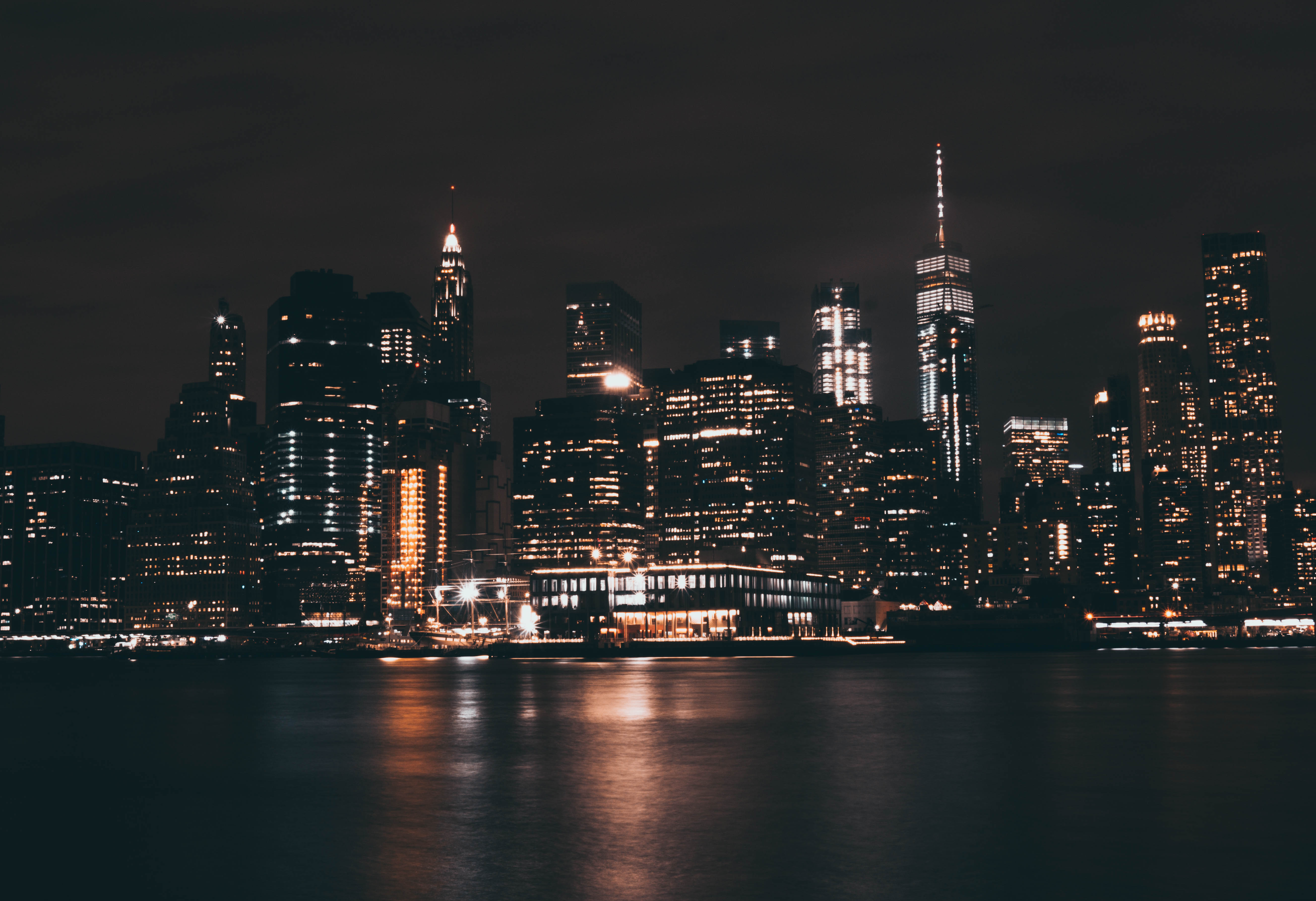 New York City Cityscape Reflection Scyscrapers Sea Night Lights Long Exposure 5306x3632