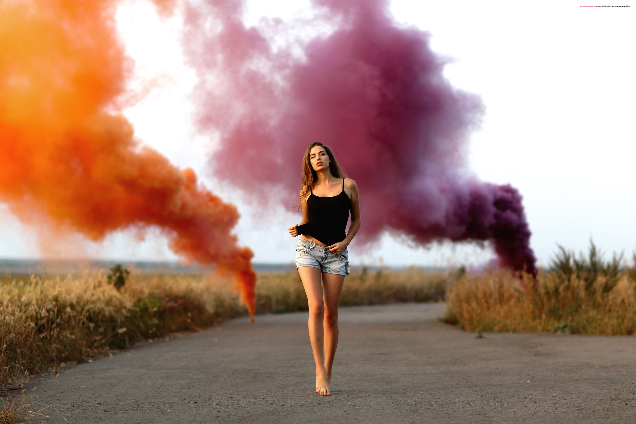 Alexander Isaev Women Model Outdoors Portrait Black Tops Barefoot Standing Colored Smoke Smoke Depth 2560x1707