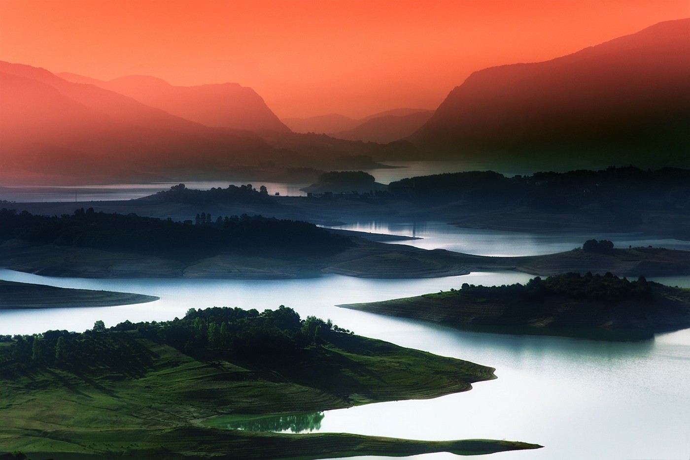 Nature Landscape Lake Mountains Mist Red Sky Blue Water Green Field Trees Bosnia And Herzegovina 1400x934