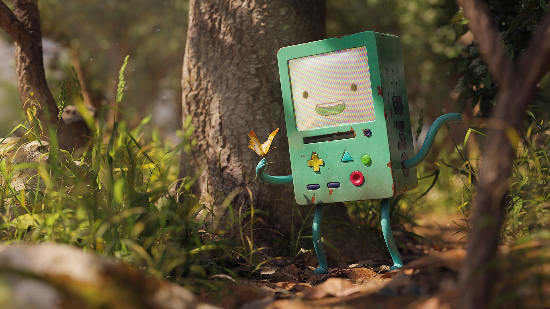 Adventure Time Forest Console BMO Smiling Fan Art Digital Art Blender Rachel Frick 3D 1920x1080