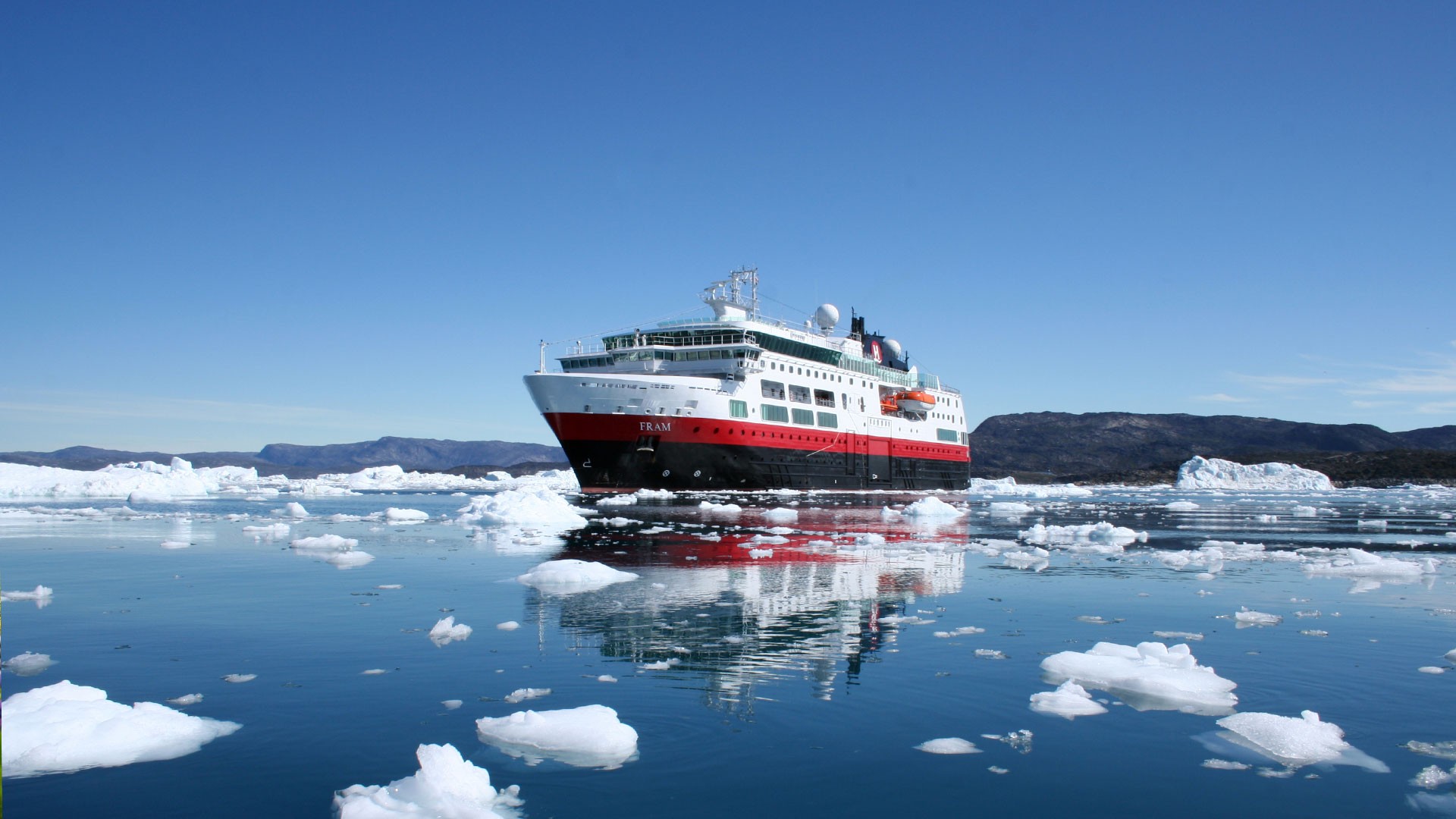 Ship Greenland Sea Ice Iceberg Glaciers Nature Hills Clouds Reflection Sky 1920x1080