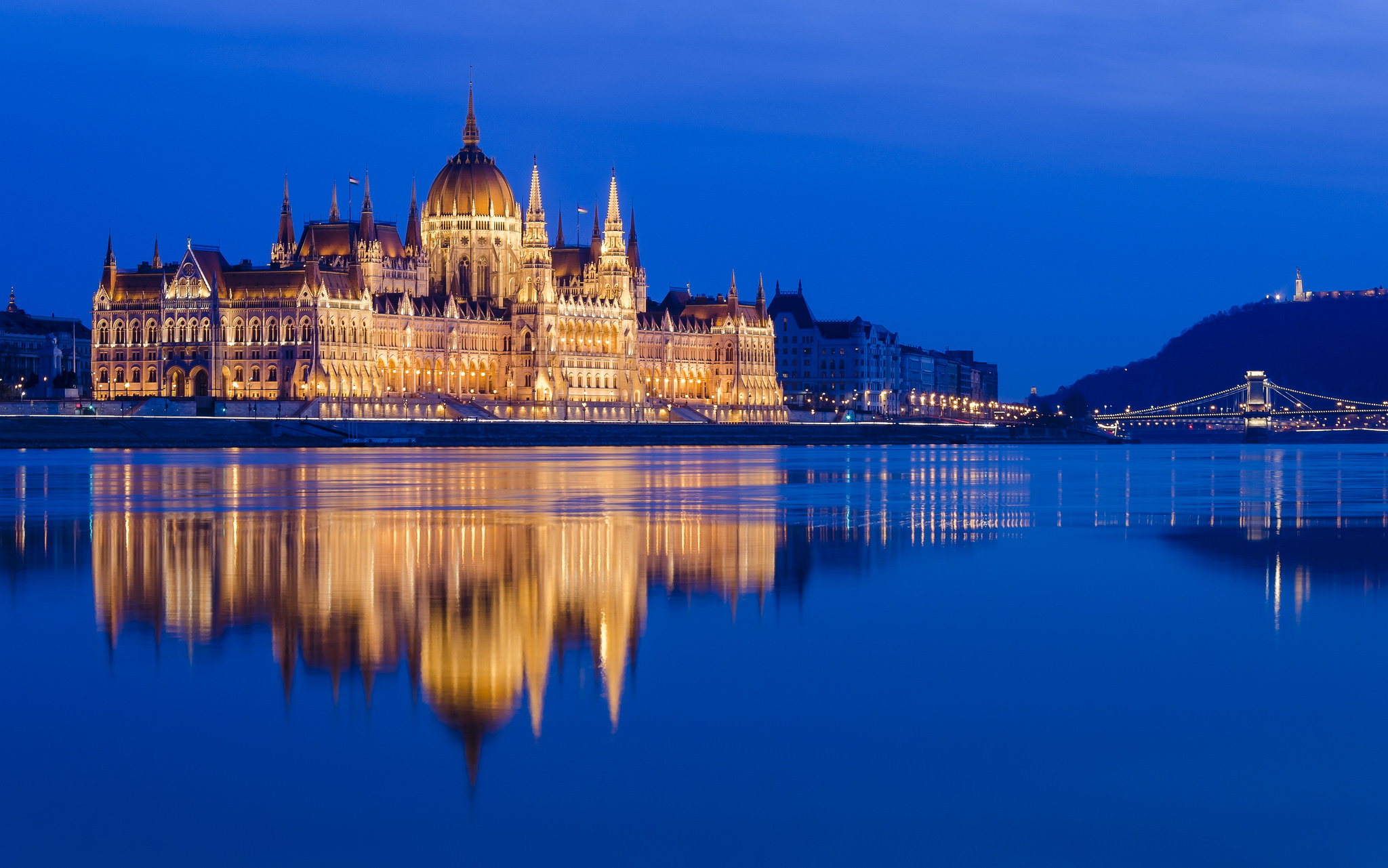 Hungarian Parliament Building Budapest Hungary Danube River Night Monument Architecture Reflection 2048x1281