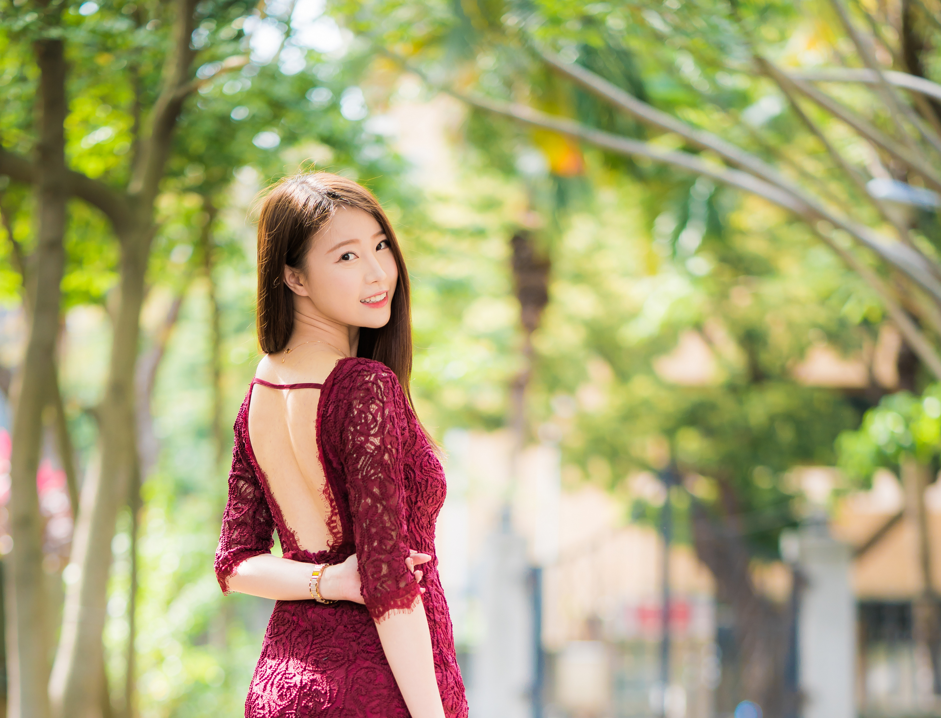 Asian Model Women Long Hair Brunette Depth Of Field Necklace Bracelets Red Dress Looking At Viewer T 3001x2291