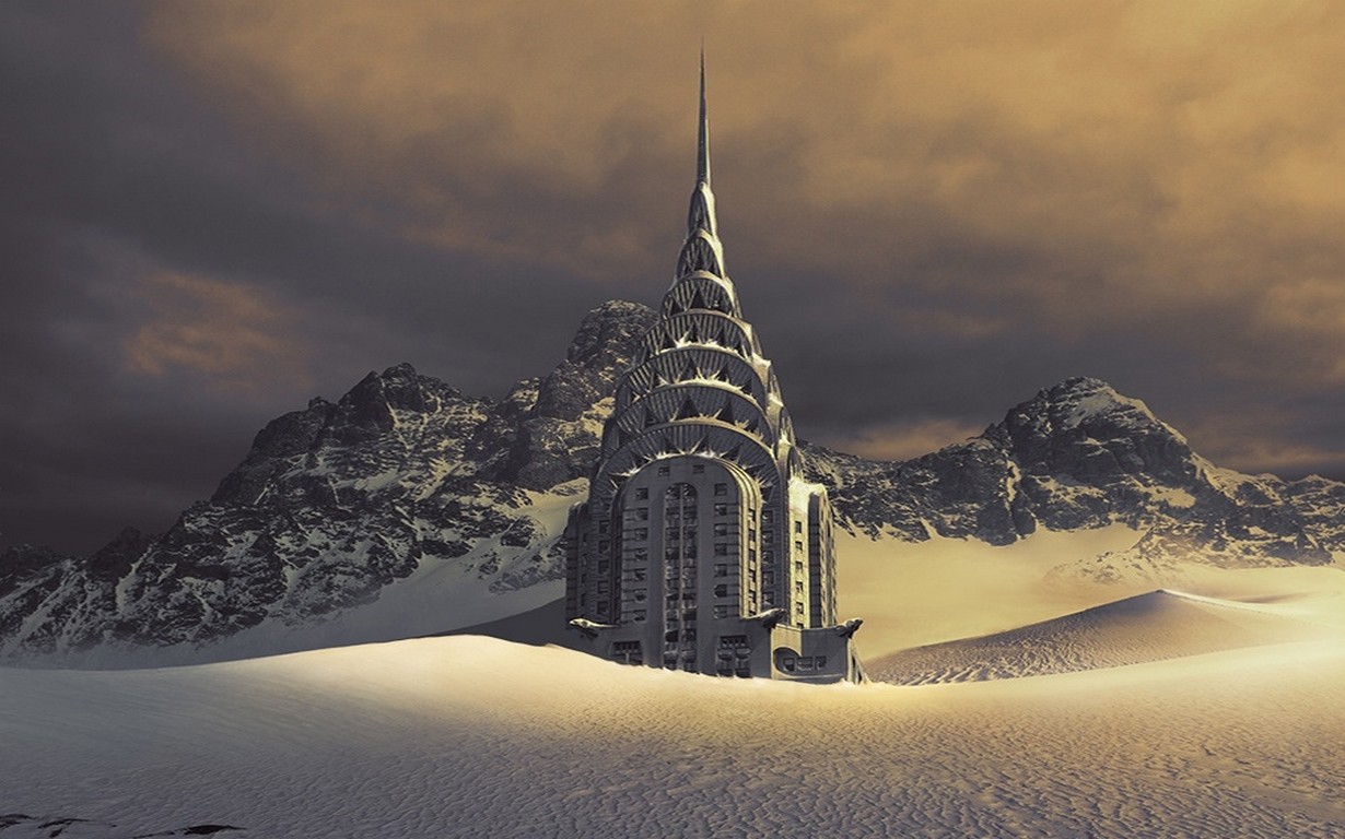 Chrysler Building Mountains Snow Morning Clouds Disaster Apocalyptic World Photo Manipulation Nature 1230x768