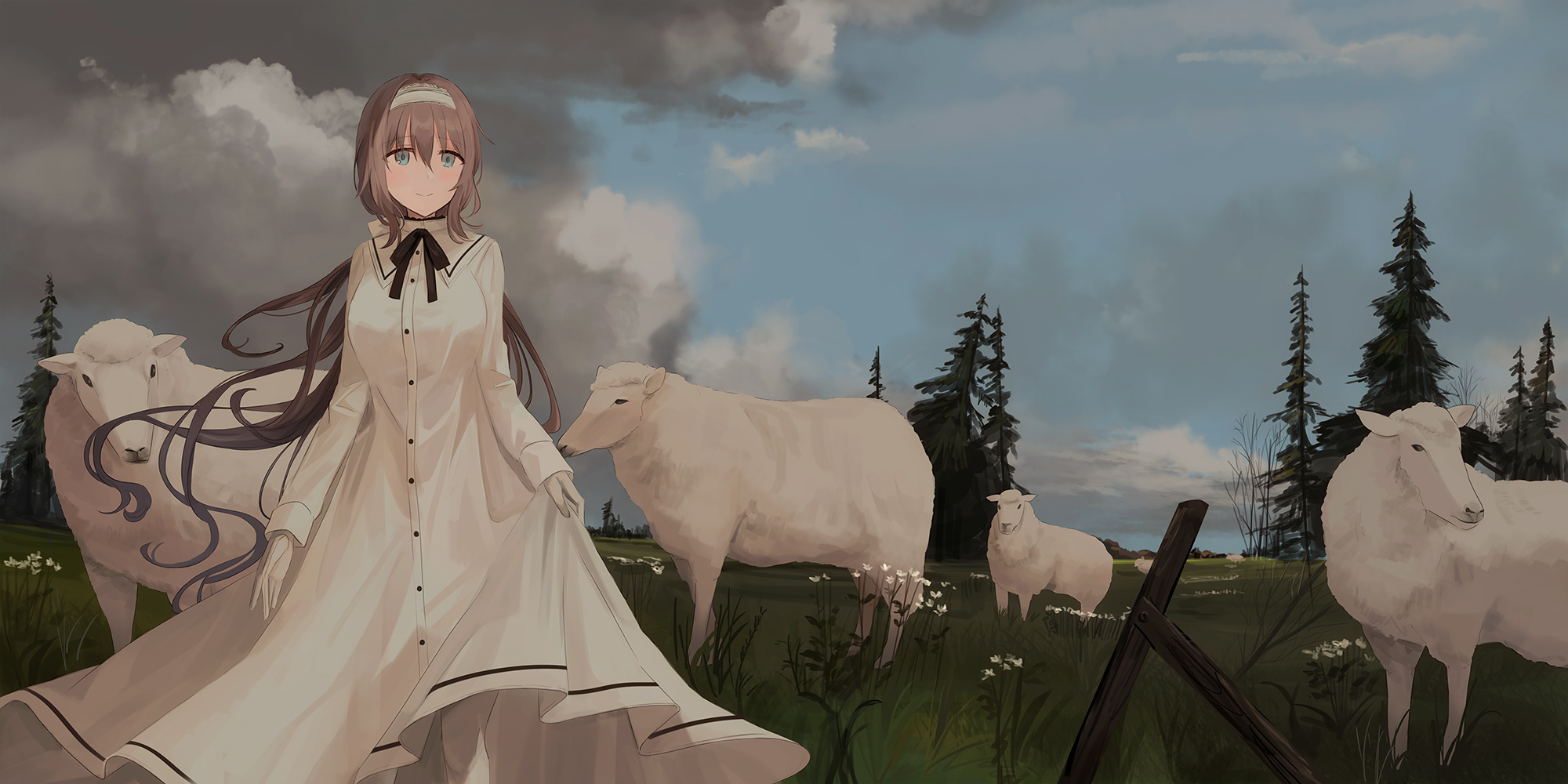Anime Girls Original Characters Long Hair Headband Looking Into The Distance Smiling Dress White Dre 2000x1000