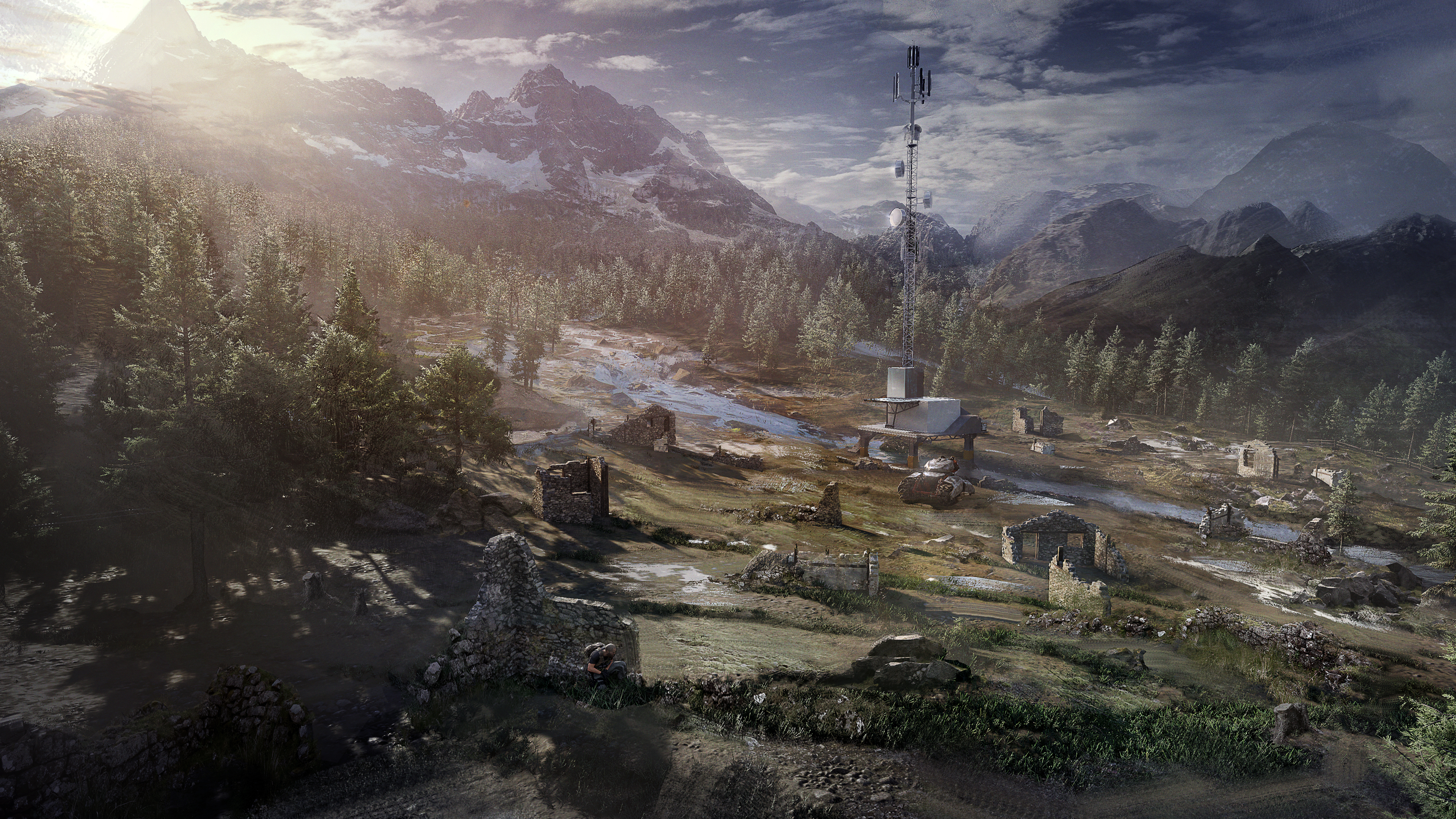 Auroa Ruins Drone Antenna Forest Mountains Concept Art Tom Clancys Ghost Recon Breakpoint Rocks Road 3840x2160