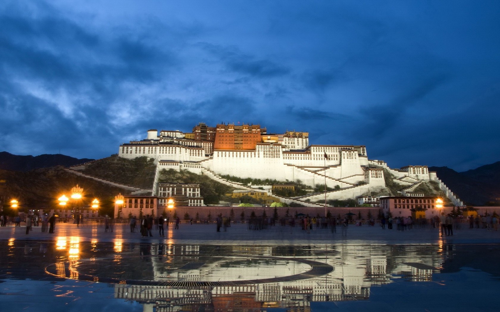 Buddhism Architecture Tibet Potala Palace Palace Evening Hills Stairs Clouds Lights Rock Town Square 1680x1050