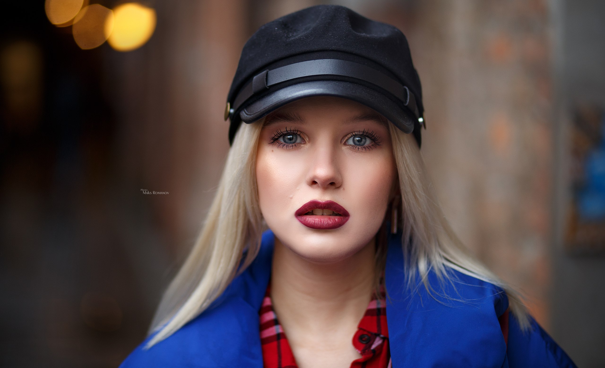 Women Blonde Red Lipstick Face Maksim Romanov Depth Of Field Portrait Blue Coat Kristina 2560x1557