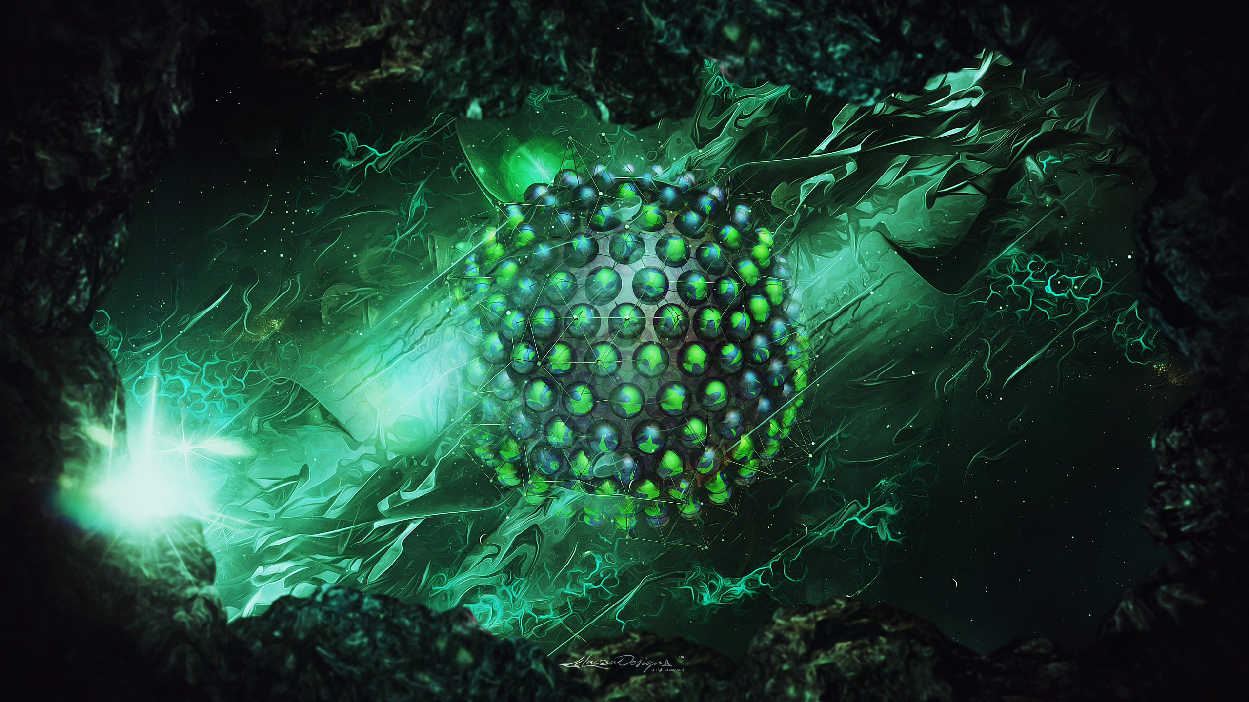 Lacza Digital Art Abstract Sphere Green Geometry Glowing Streaks 3D 2560x1440