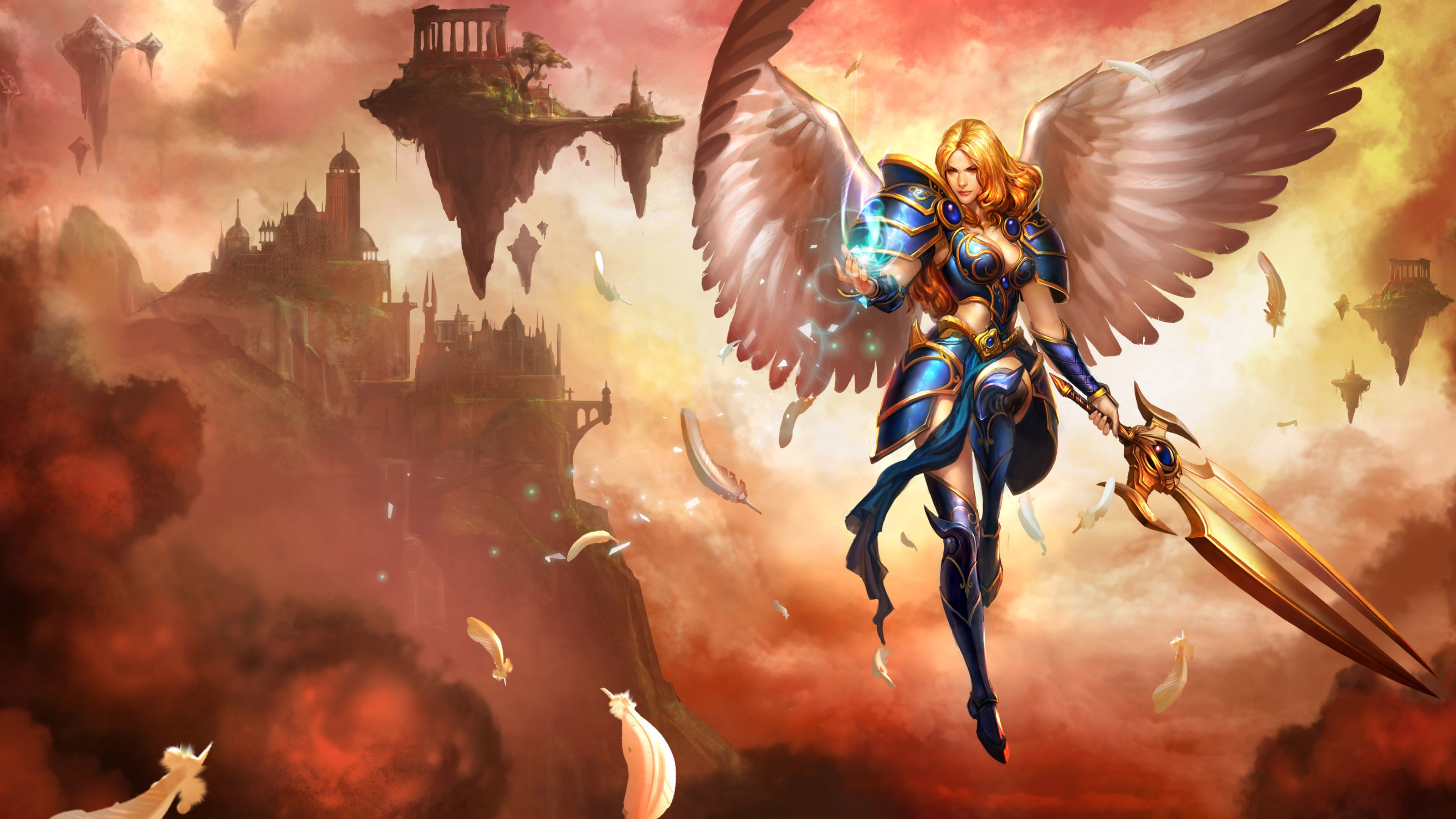 League Of Legends Kayle Angel Wings Clouds Feathers Armor 3840x2160