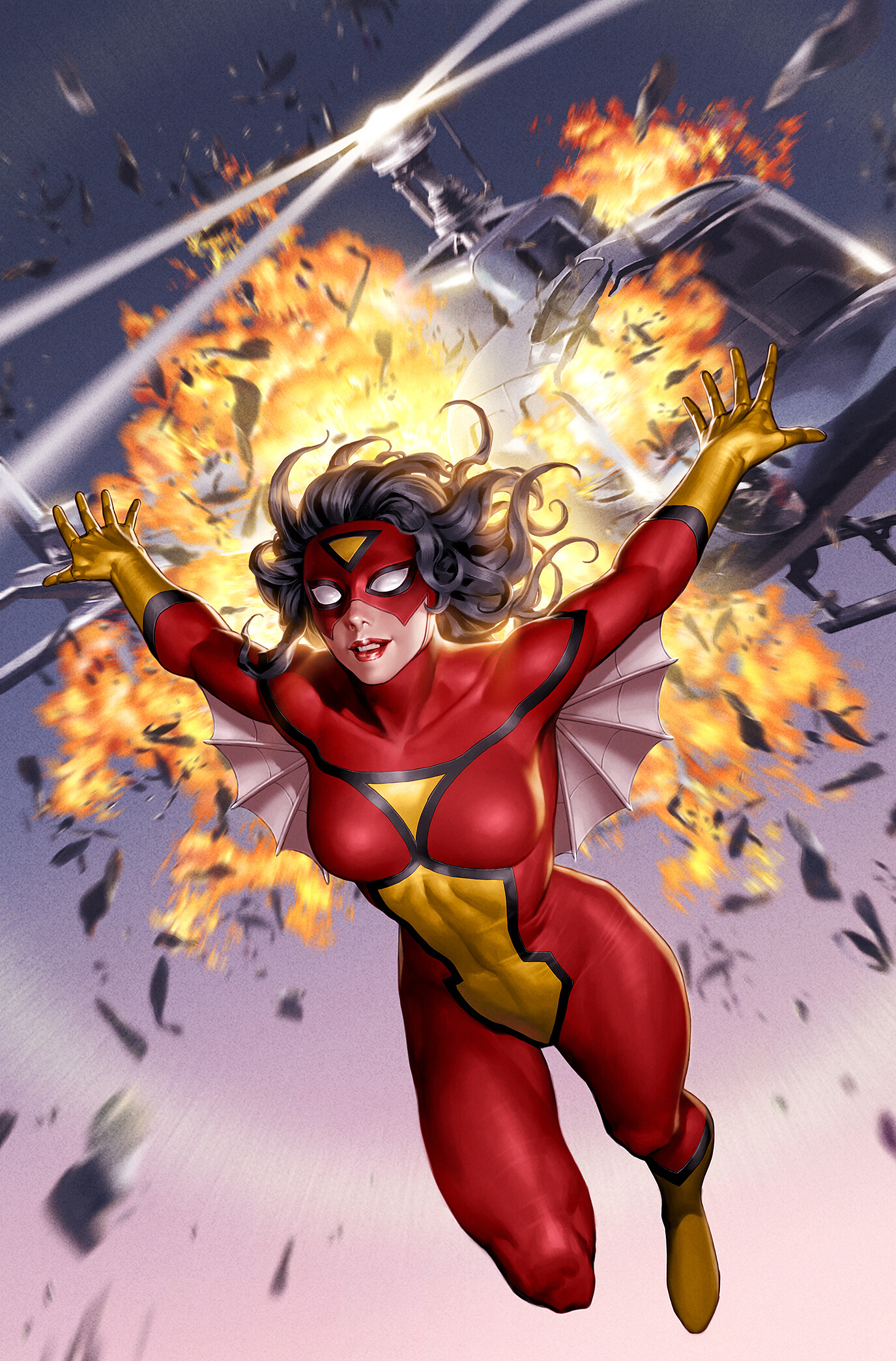 Junggeun Yoon Women Marvel Comics Costumes Helicopter Explosion Fly Spider Woman 1375x2088