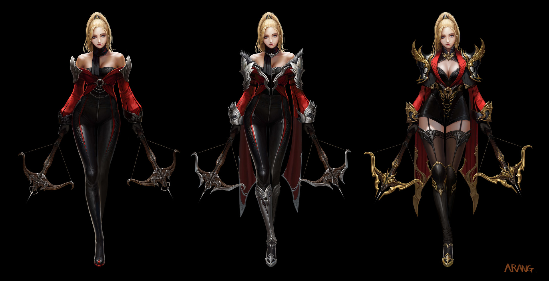 TaeKwon Kim Drawing Women Blonde Long Hair Ponytail Demon Hunter Diablo Crossbows Armor Scarf Simple 1920x982