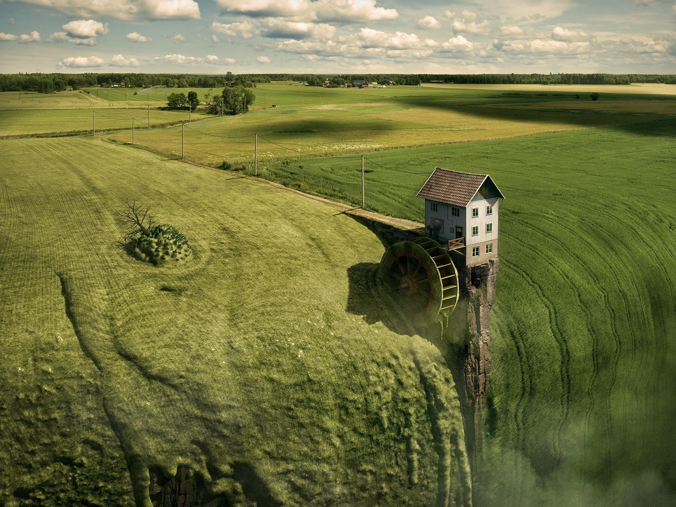 Nature Landscape Photoshop Digital Art Surreal Erik Johansson House Mill Field Clouds Utility Pole P 2160x1620