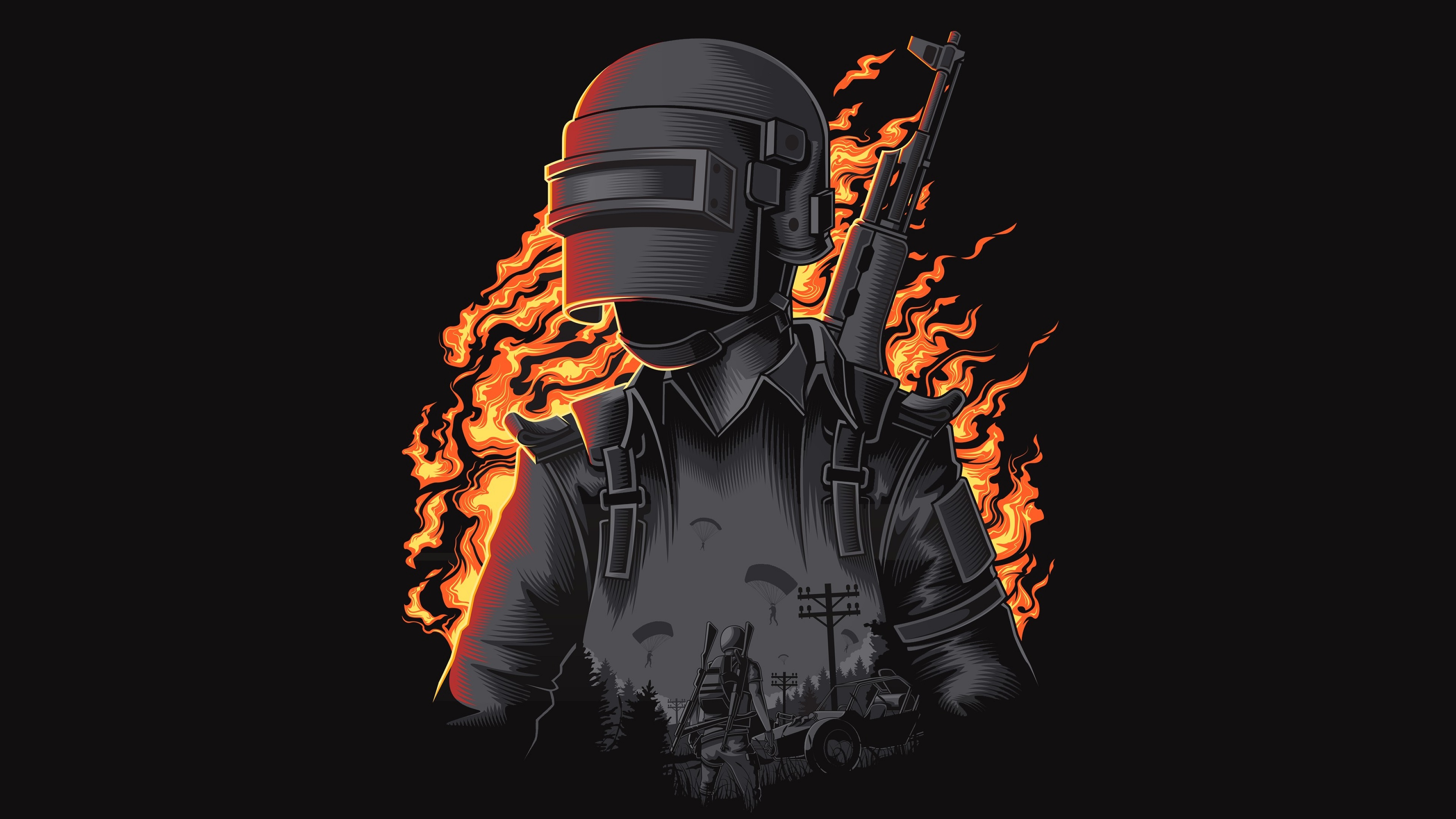 Player Unknown Battleground Soldier Weapon Rifles AK 47 Fire Helmet Double Exposure 3840x2160