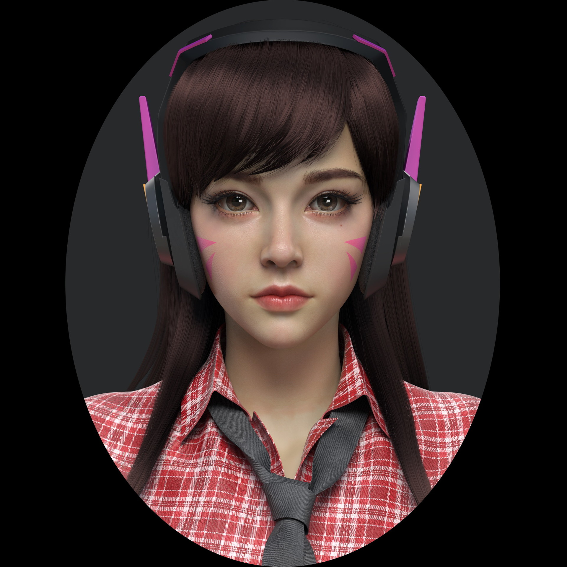 Euginnx Wu CGi Women Overwatch D Va Overwatch Headphones Pink Face Paint Looking At Viewer Brunette  1920x1920
