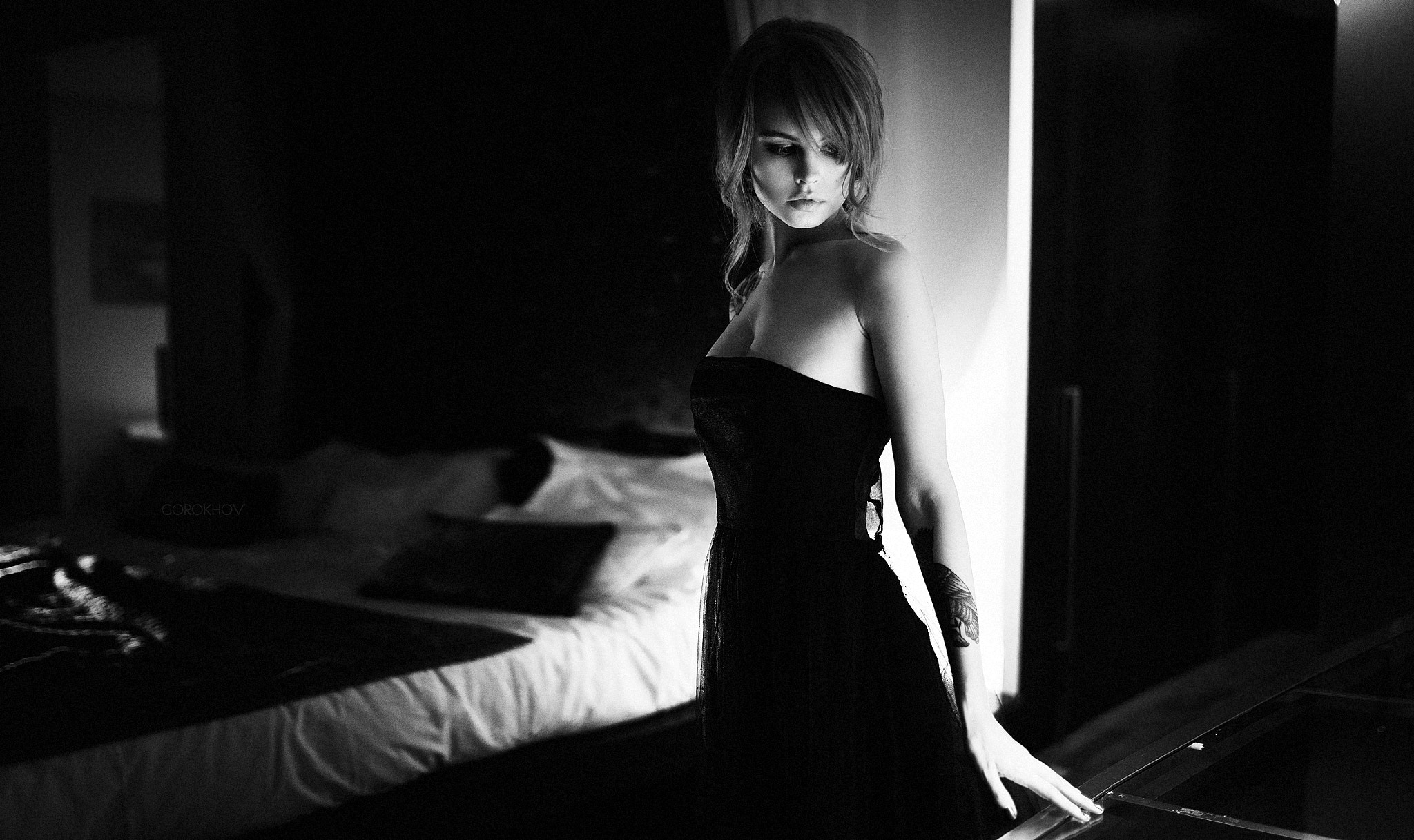 Ivan Gorokhov Tattoo Black Dress Monochrome Model Room Women Young Woman Anastasia 2048x1217