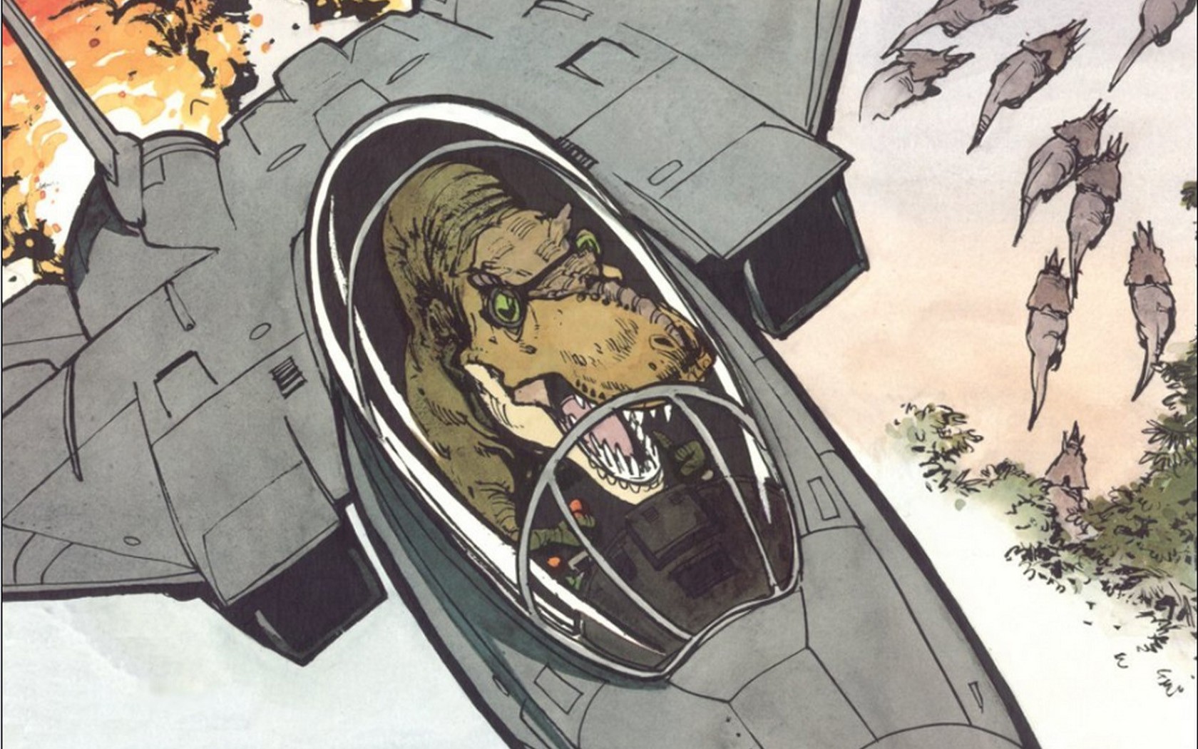 Tyrannosaurus Rex Airplane Cartoon Comic Art Humor 1680x1050
