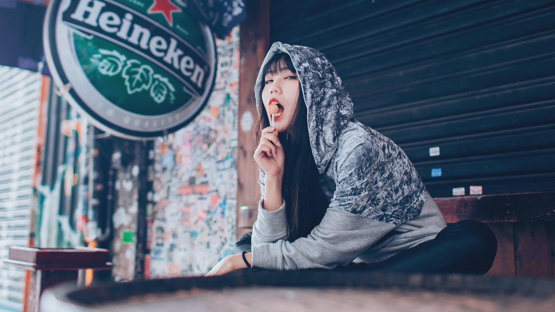 Heineken Lollipop Asian Hoods Women Women Outdoors Urban Model 1920x1080