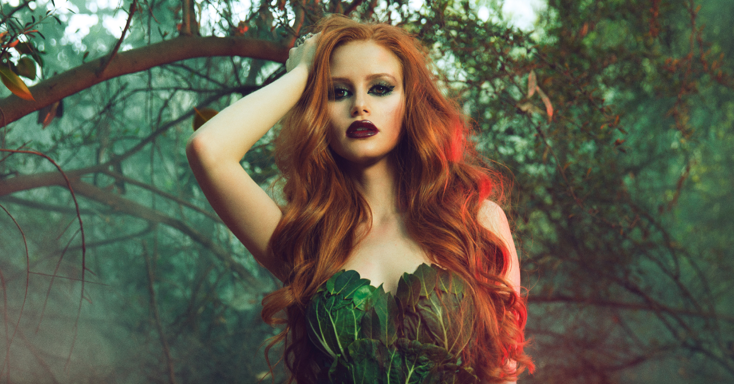 Women Model Redhead Long Hair Madelaine Petsch Actress Women Outdoors Trees Hands On Head Branch Nat 2508x1312