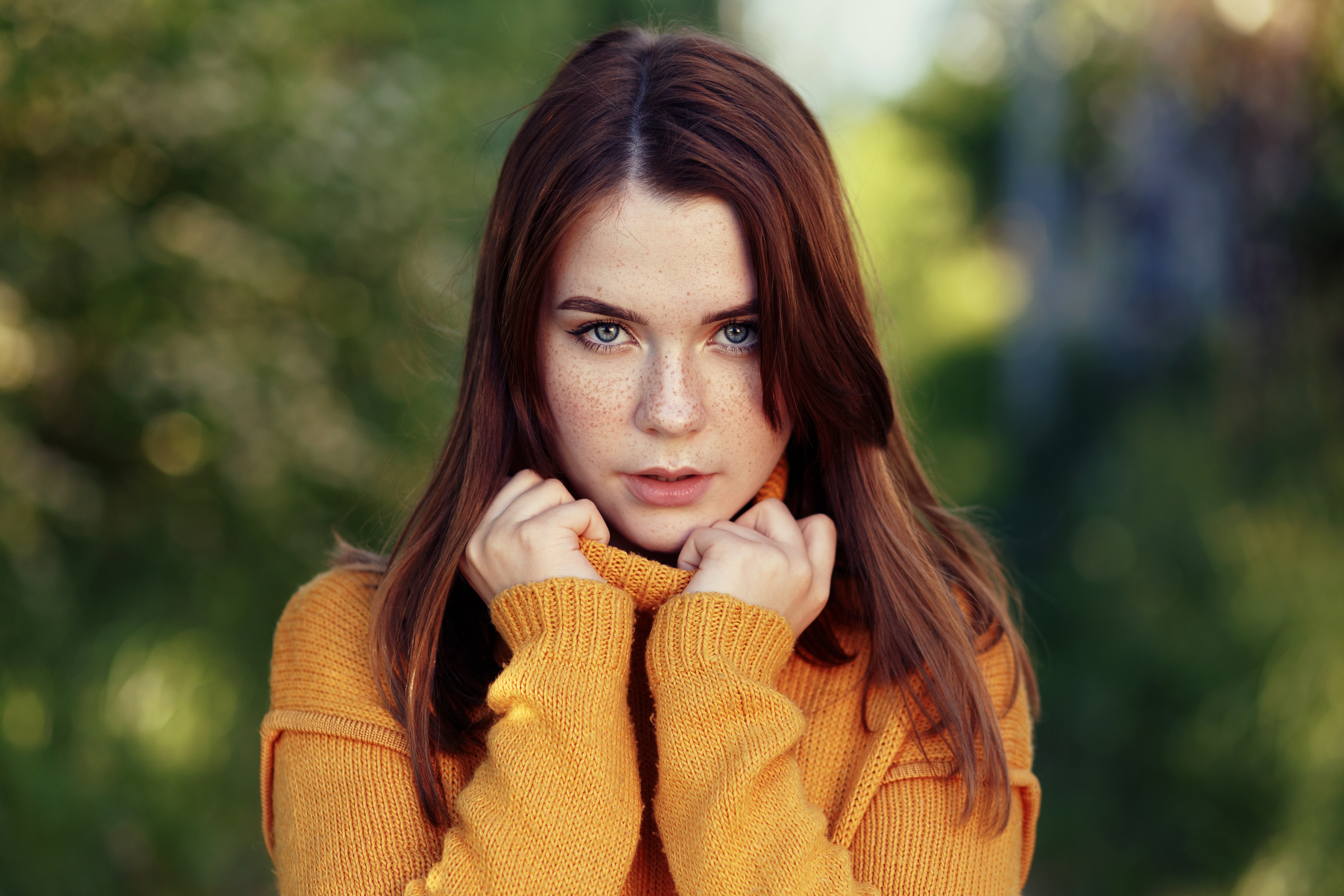 Women Model Portrait Redhead Blue Eyes Freckles Open Mouth Looking At Viewer Pullover Turtlenecks De 4966x3311