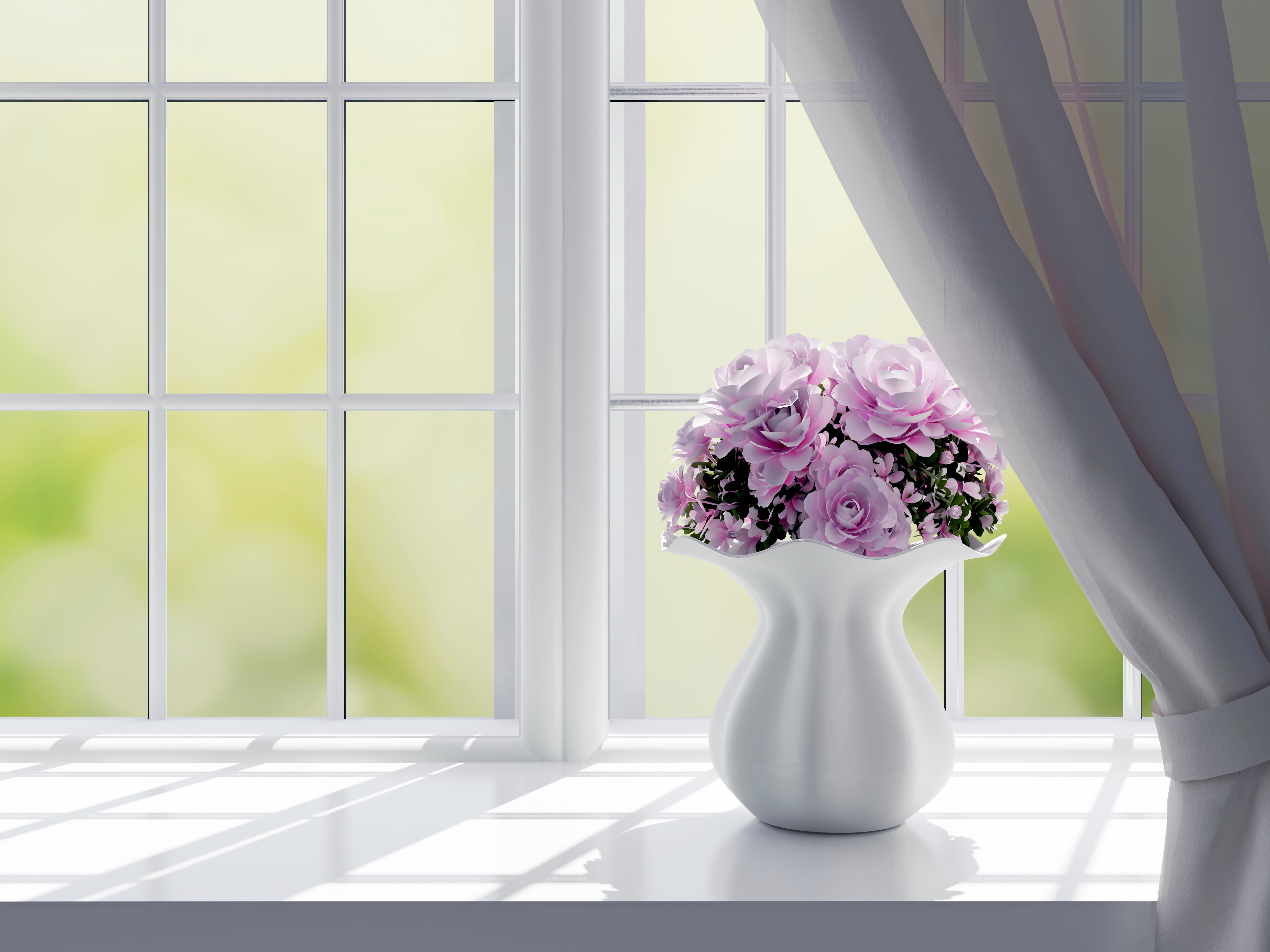 Window Flower Vase Curtain White Pink Flower 6000x4500