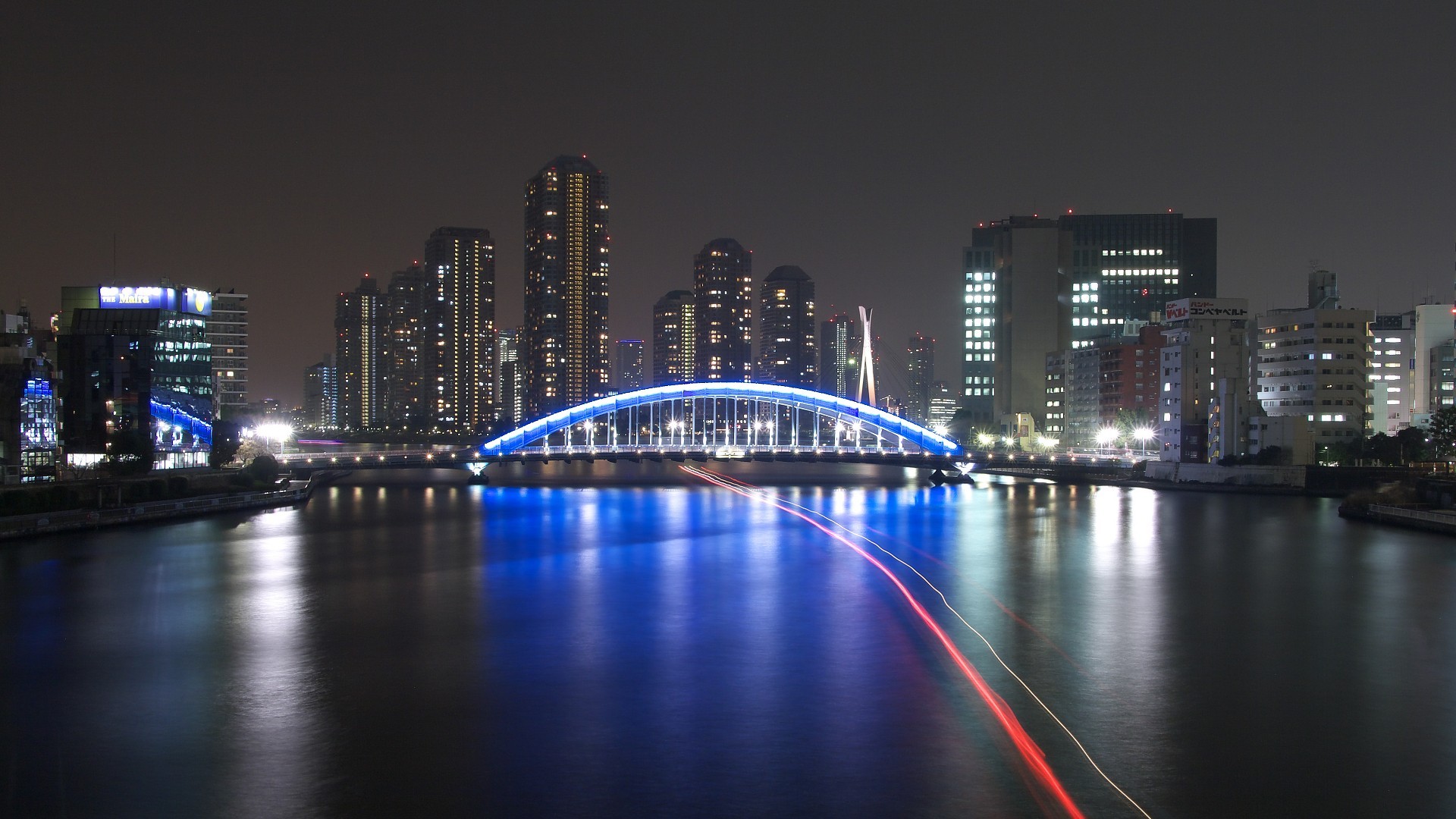 Cityscape Artificial Lights Night Long Exposure Bridge 1920x1080