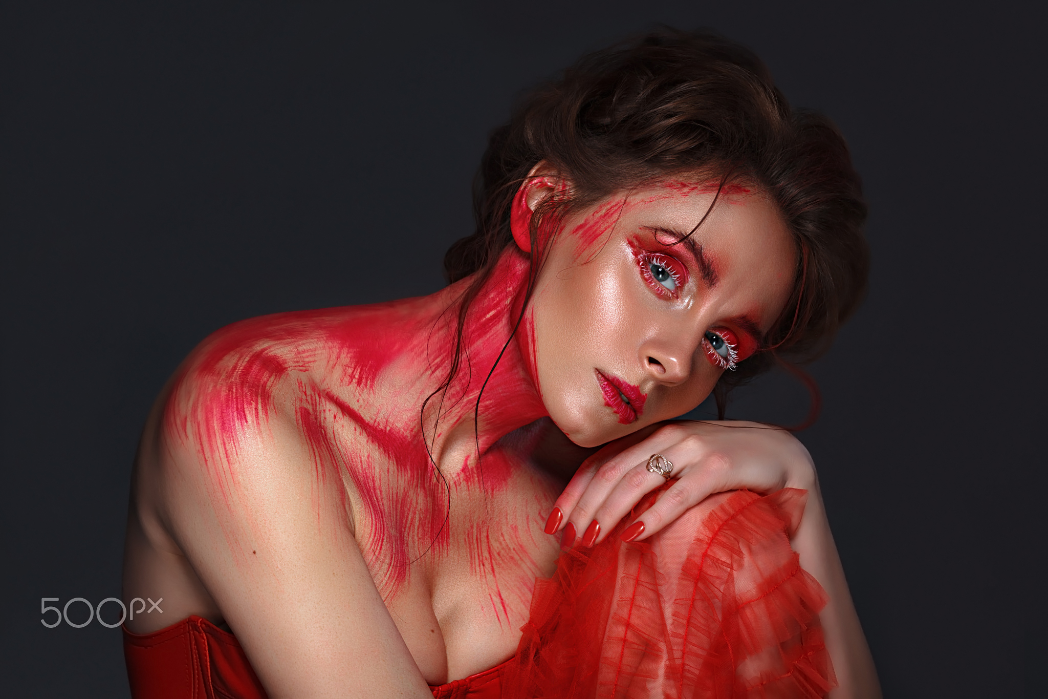 Volodymyr Karnatskyi Women Brunette Hairbun Looking At Viewer Makeup Face Paint Body Paint Dress Red 2048x1365