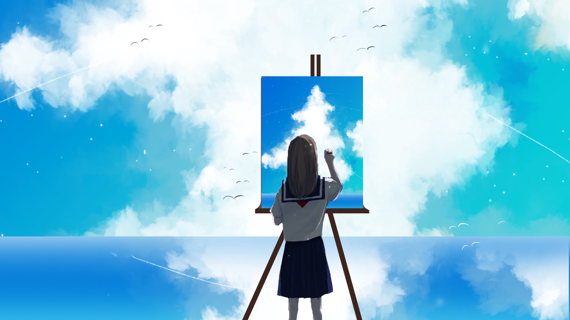 Anime Anime Girls Women Anime Sky Artwork Drawing Painting Painters School Uniform Schoolgirl Sky Cl 1920x1080