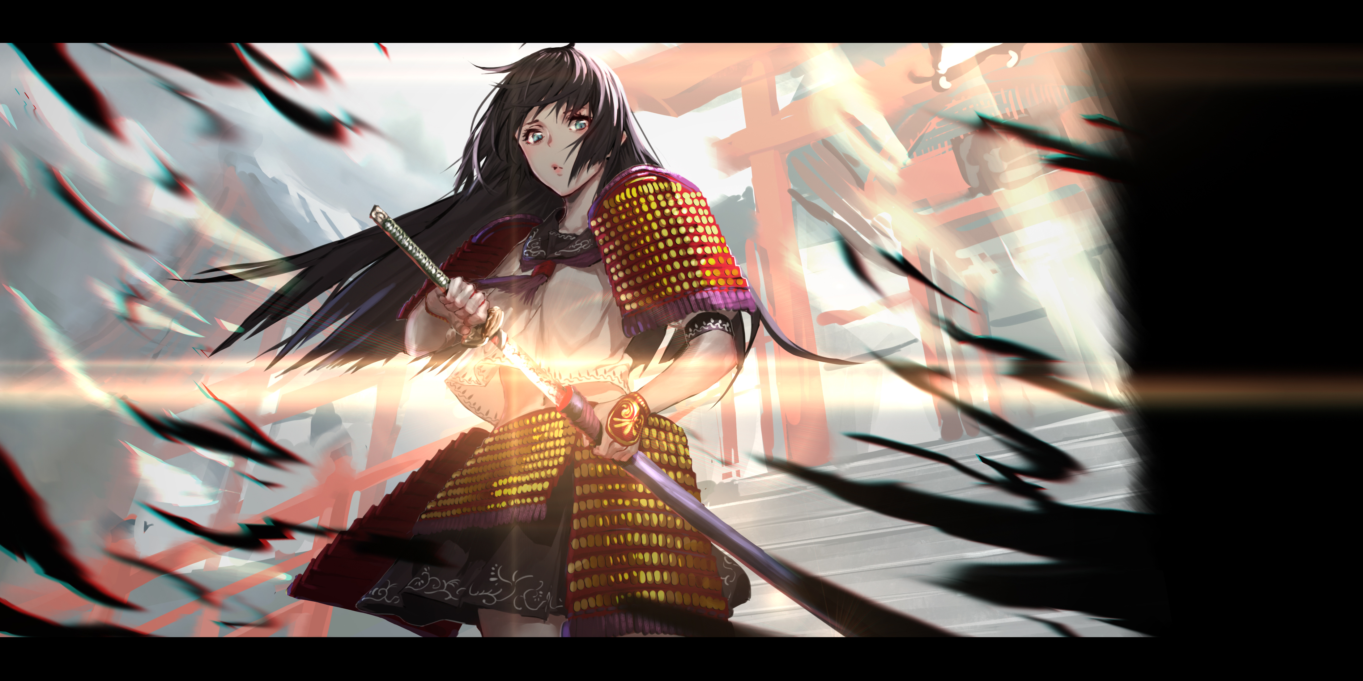 Women Black Hair Long Hair Sailor Uniform Schoolgirl Artwork Digital Art Fantasy Art Armor Samurai K 4409x2205