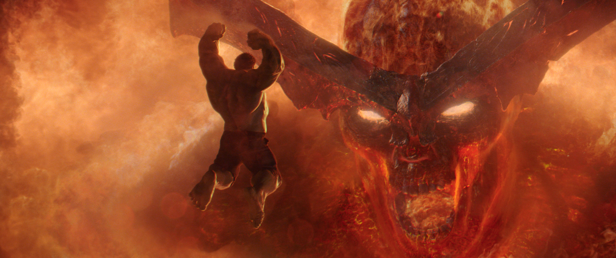 Thor Ragnarok Hulk Jumping Fire Demon Screaming Thor Marvel Cinematic Universe Surtur 2048x858
