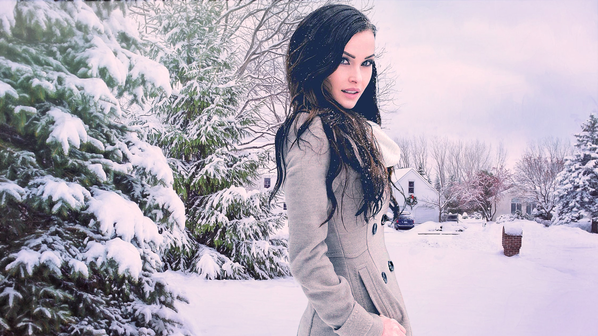 Niece Waidhofer Women Model Snow Trees Car House White Winter Coats Long Hair Composite Women Outdoo 1920x1080