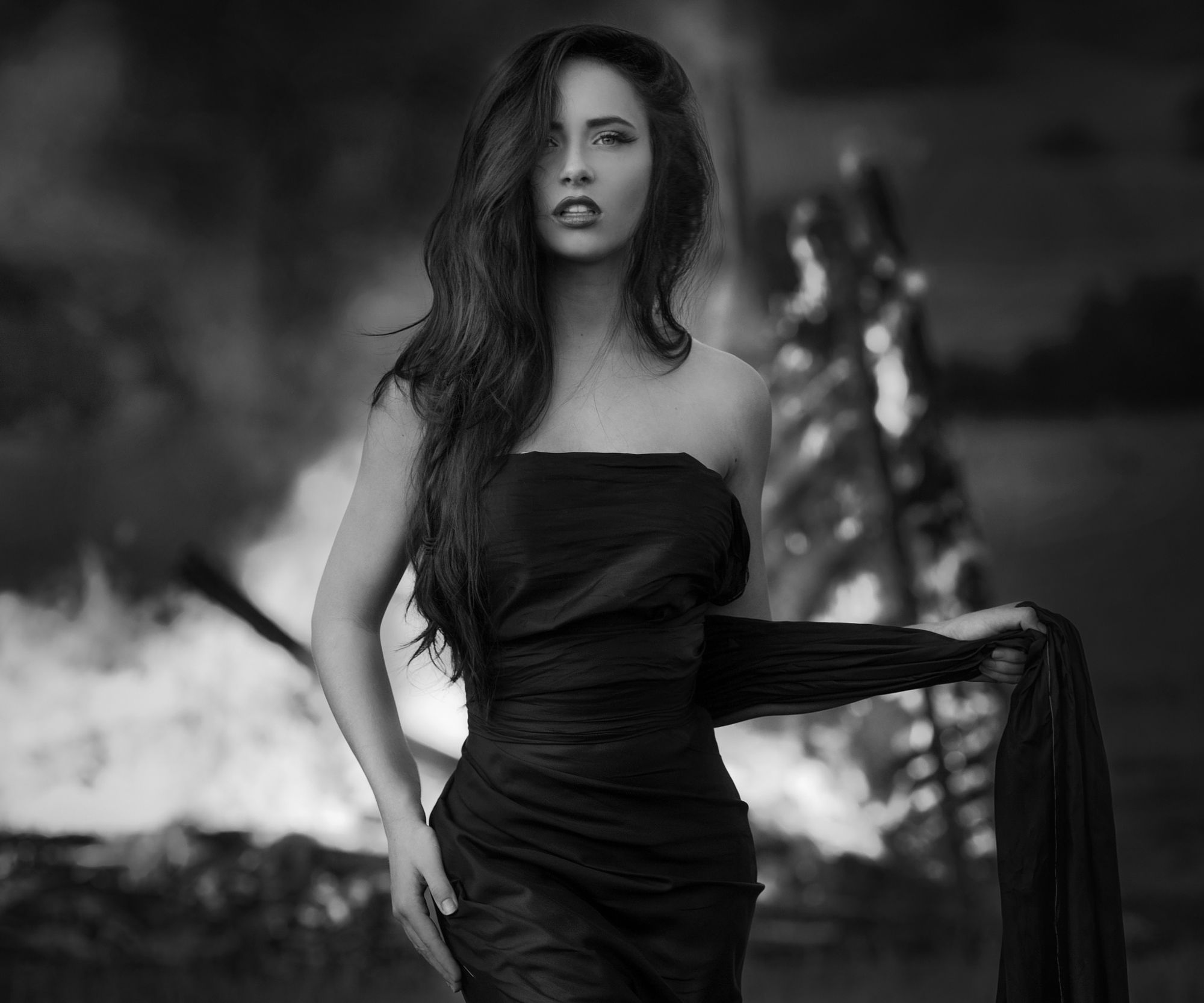 Women Long Hair Wavy Hair Looking At Viewer Dress Silk Black Clothing Holding Clothes Monochrome Evg 2000x1665