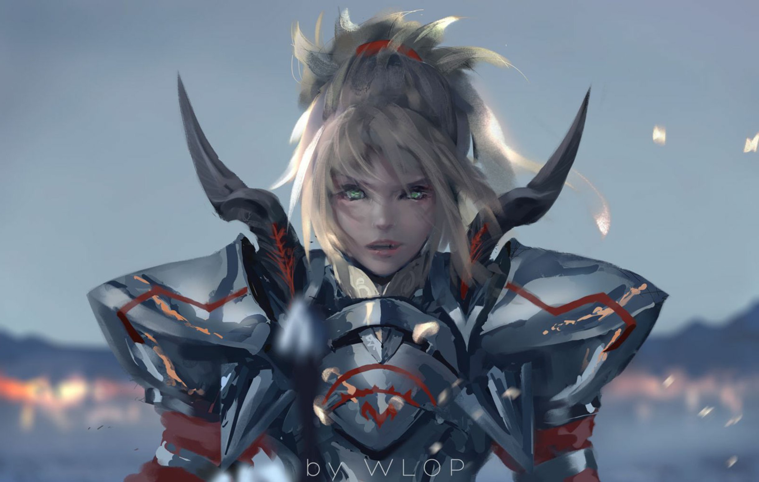 Digital Art Artwork WLOP Armor Looking At Viewer Green Eyes Fate Series Fate Apocrypha FGO Mordred F 2441x1551