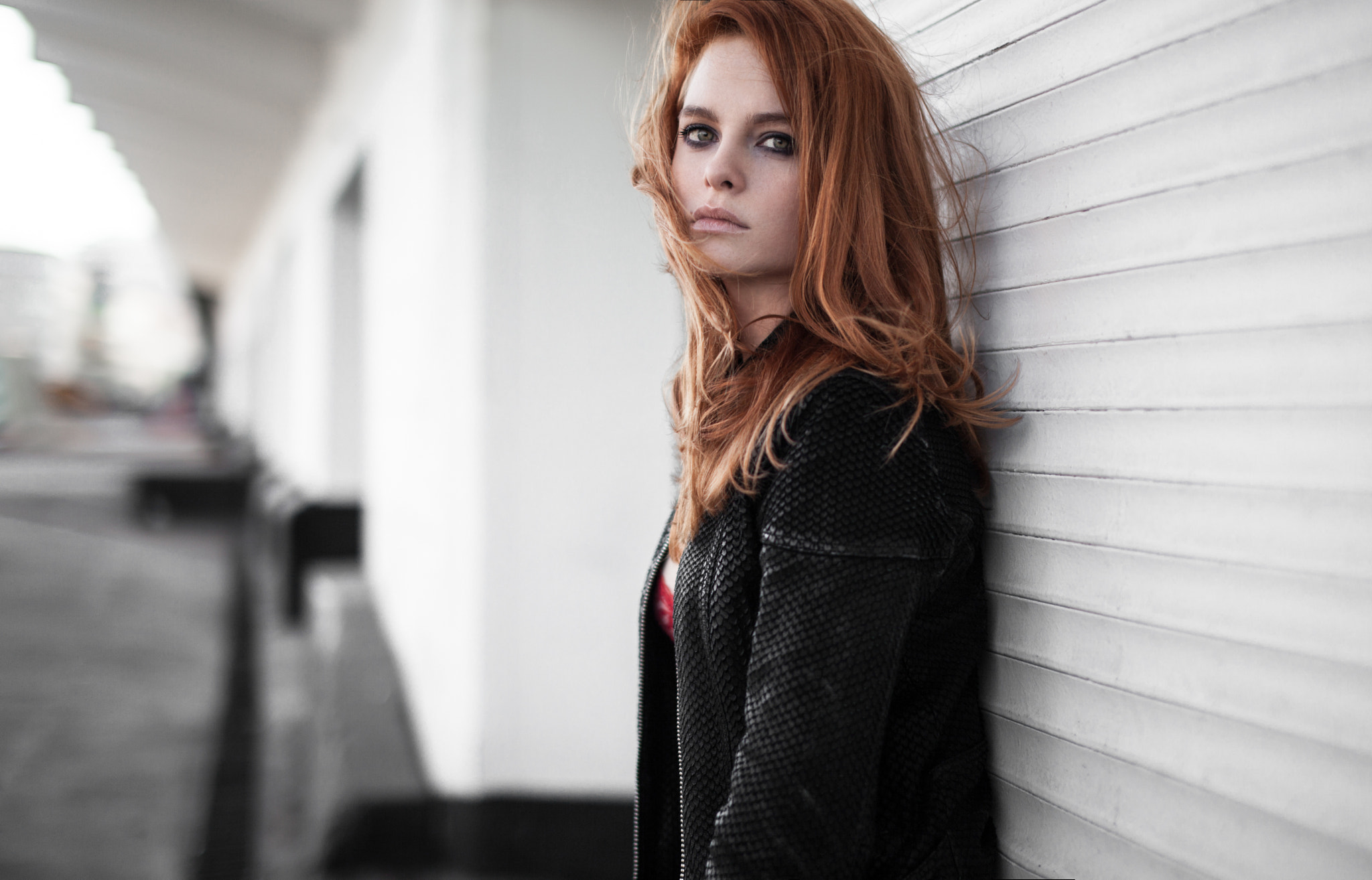 Women Redhead Blue Eyes Jacket Looking At Viewer Bokeh Andrey Frolov Leather Jackets 2048x1314