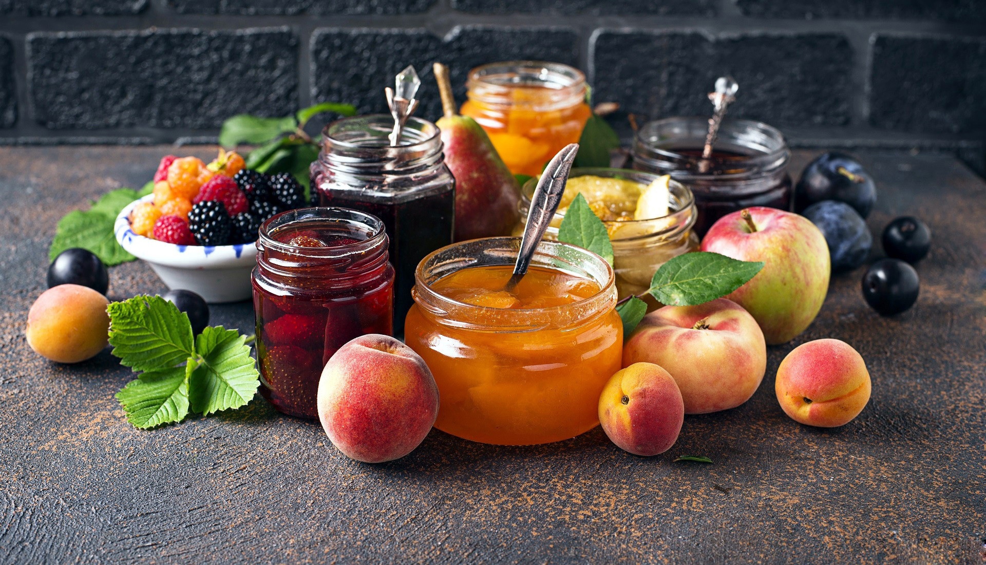 Food Fruit Still Life Apples Marmalade Jam Jelly Peaches Blackberries Raspberries Plums Fruits Pears 1920x1100