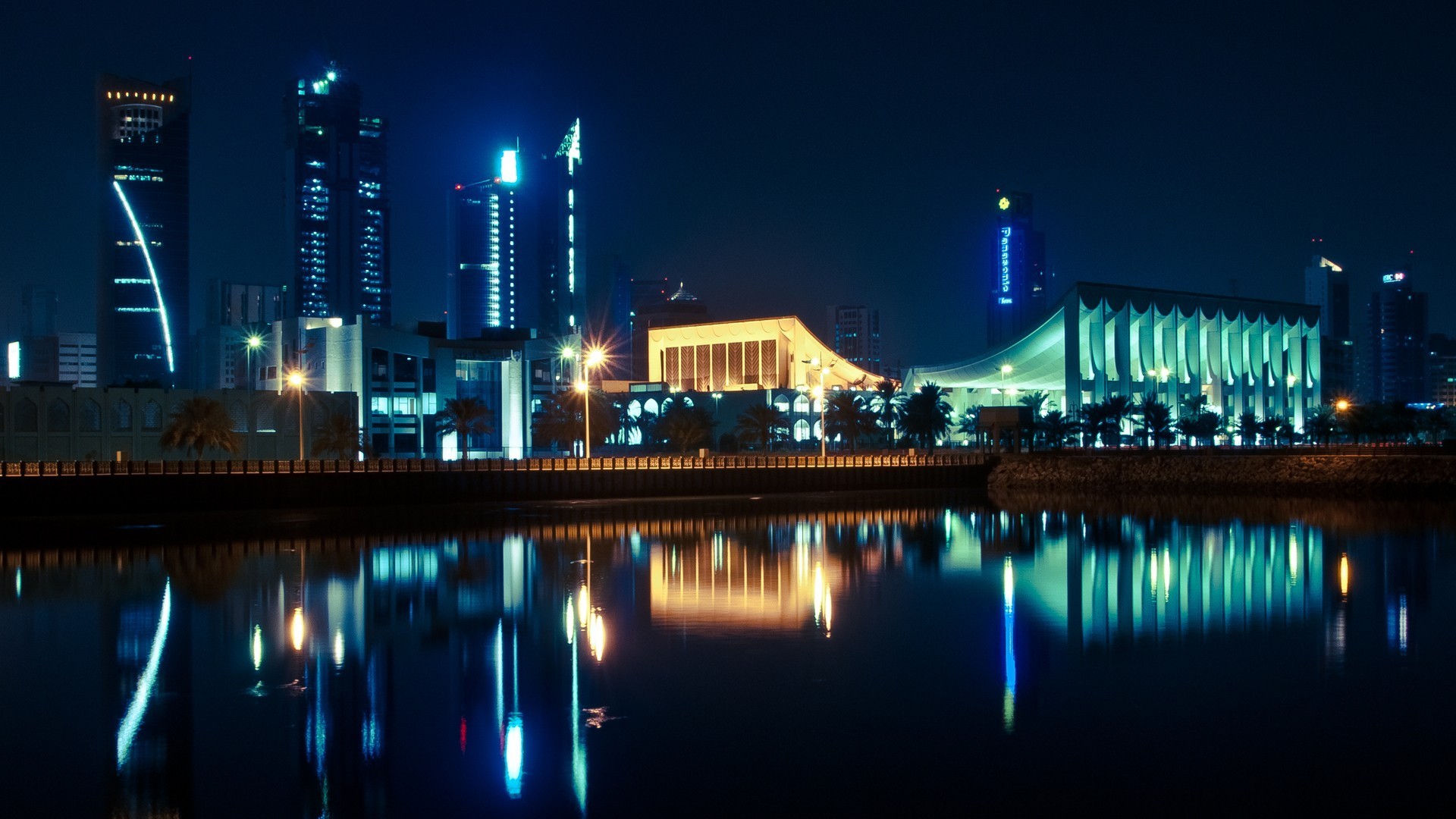 Architecture City Cityscape Night Lights Building Kuwait Kuwait City Water Reflection Skyscraper Pal 1920x1080