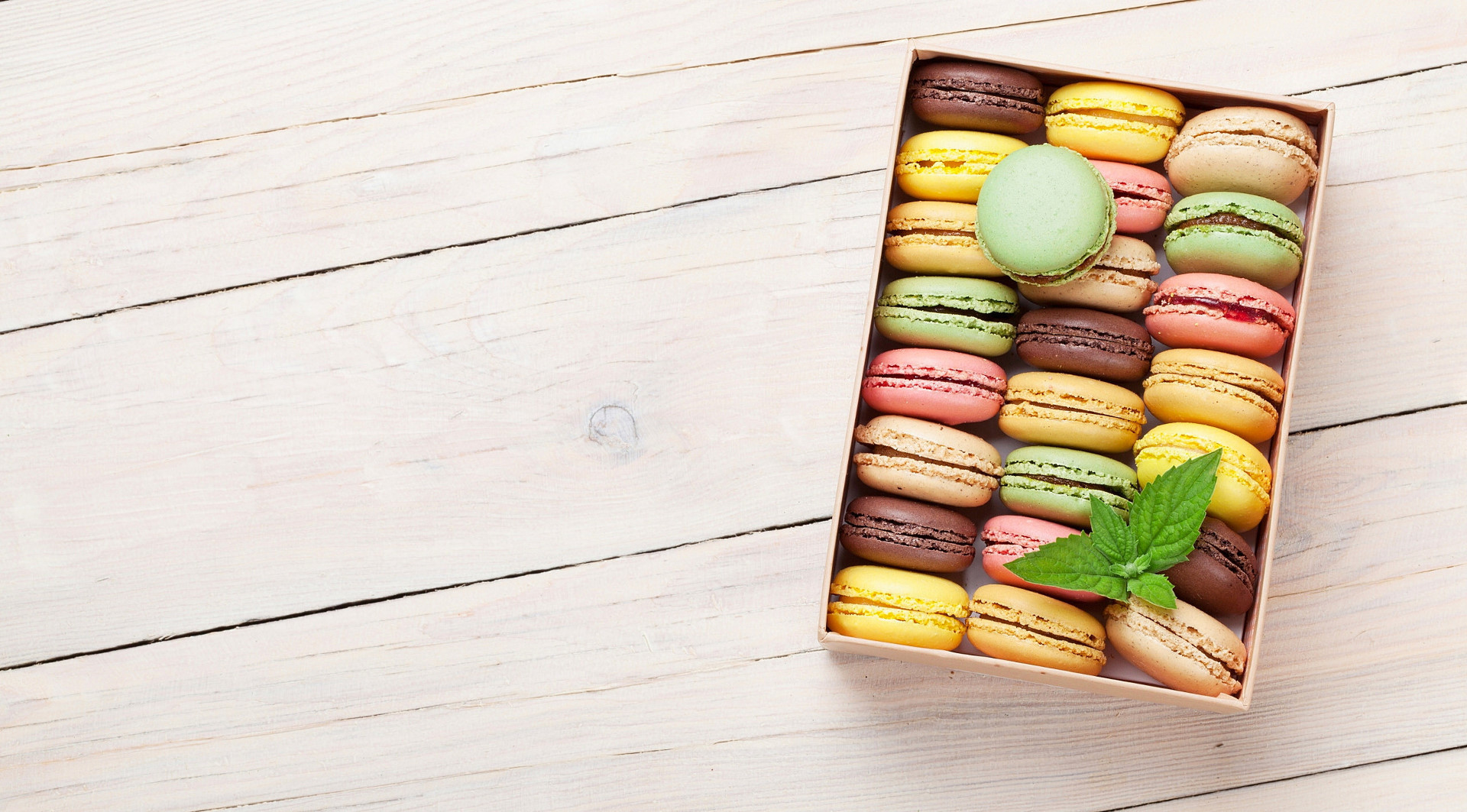 Food Sweets Cookies Macarons Mint Leaves Wooden Surface 1920x1063