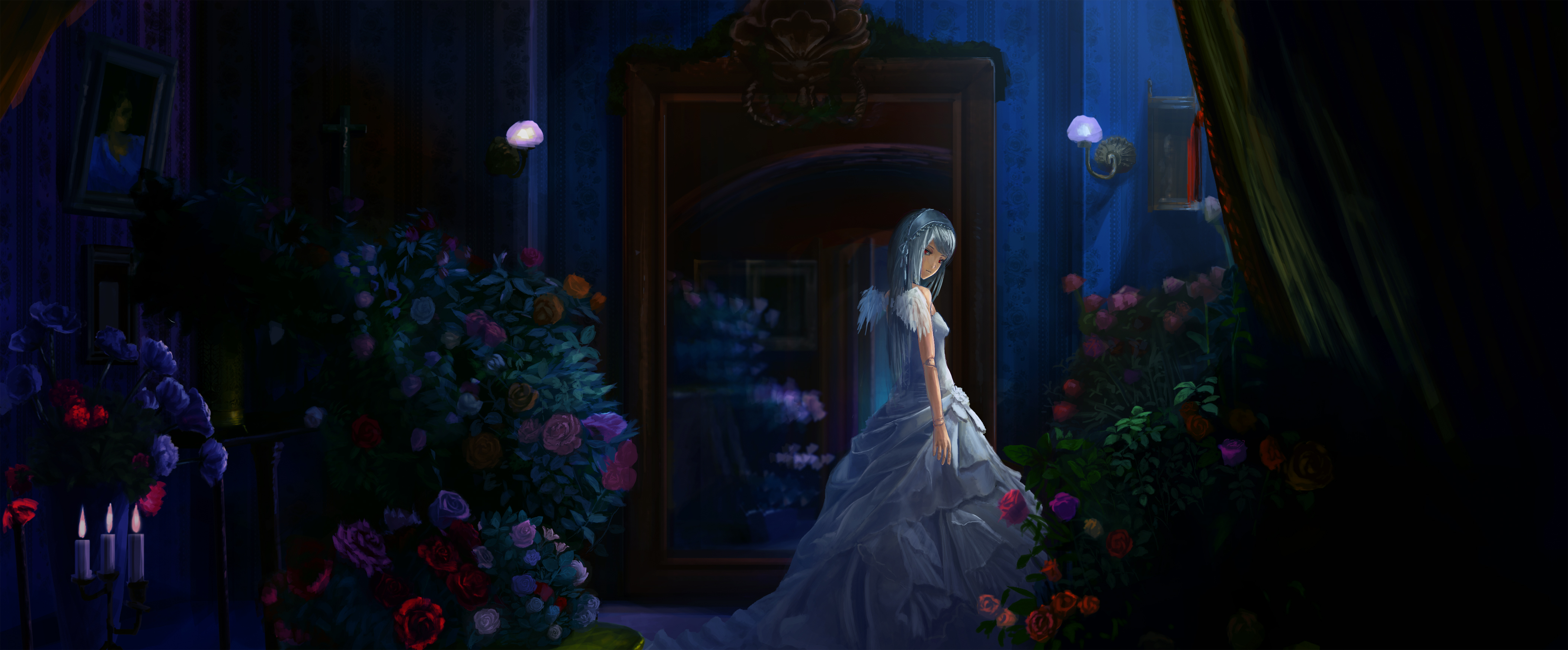 Fantasy Angel Anime Vampire Girl Mirror Dress Flower Rose Rozen Maiden Suigintou Rozen Maiden 4214x1748