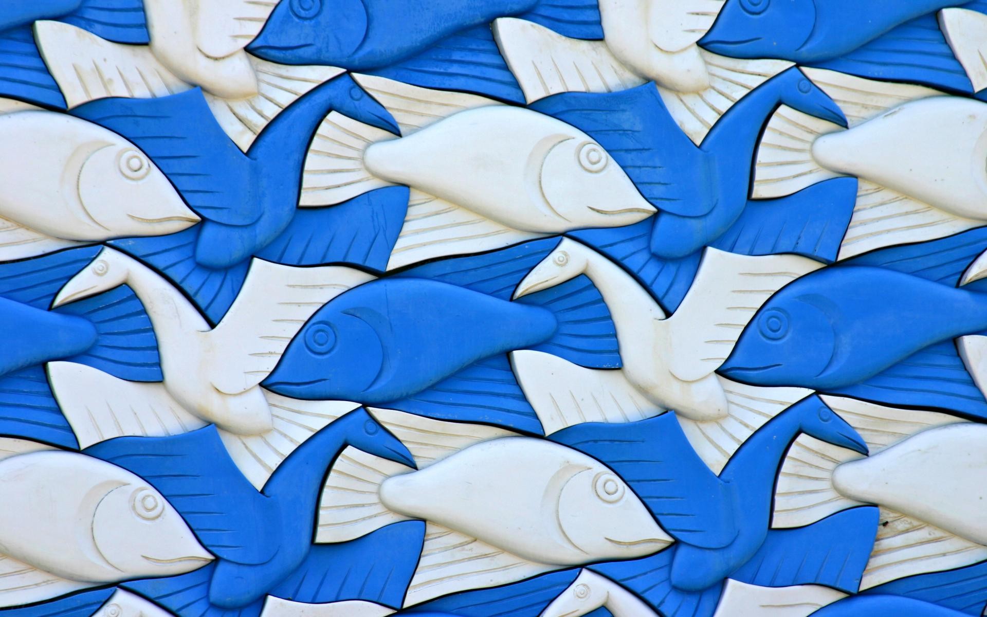 Artwork M C Escher Animals 3D Birds Fish Plastic White Blue 1920x1200