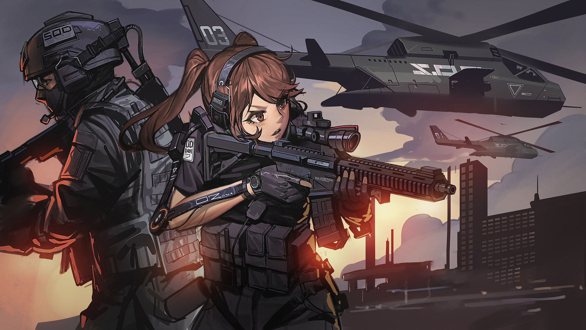 Helicopters Gun Exoskeleton Military Black Soldier Girls With Guns 1920x1080