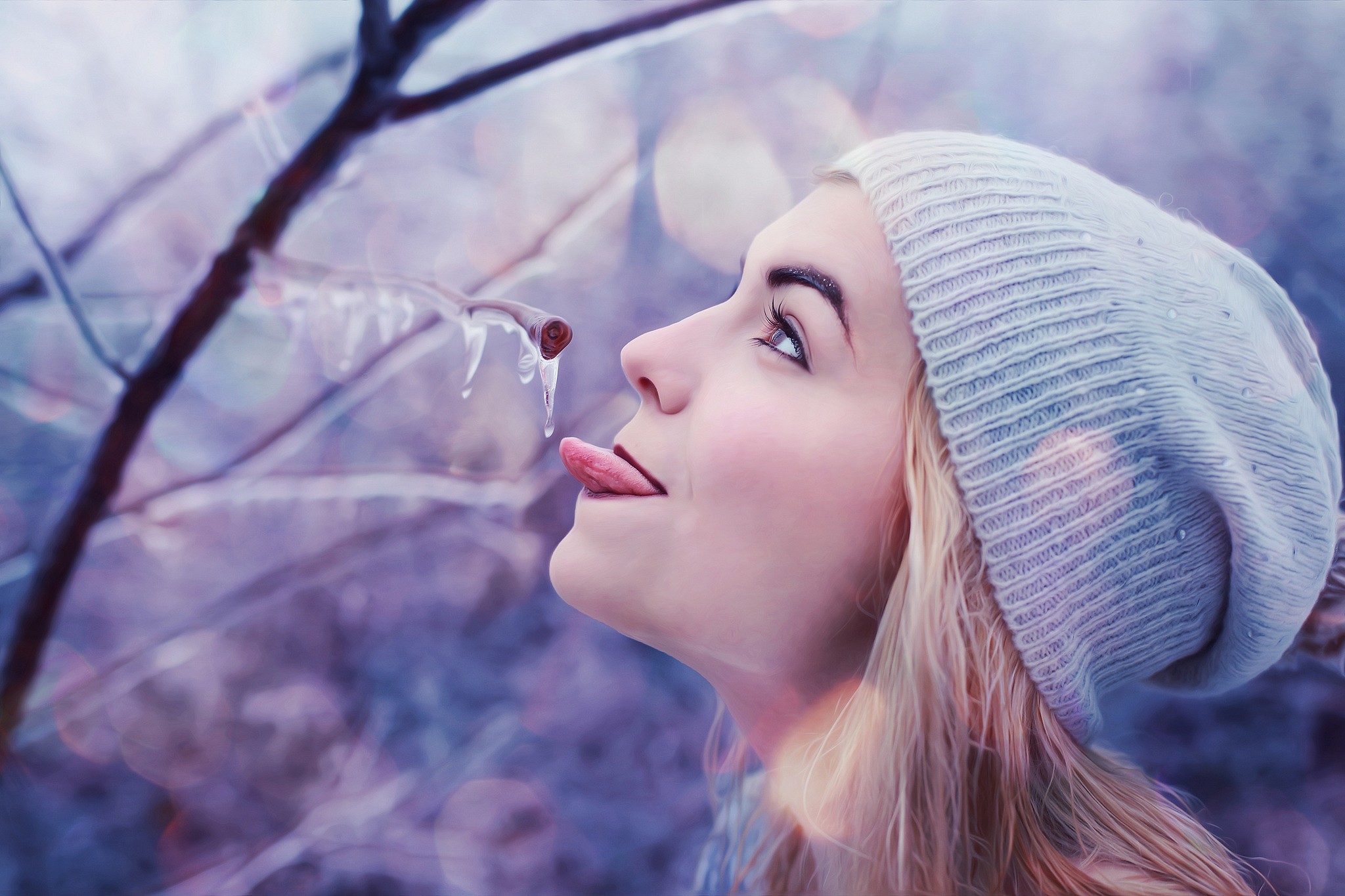 Ice Women Model White Cap White Hat Tongue Out Blonde Profile Winter 2048x1365