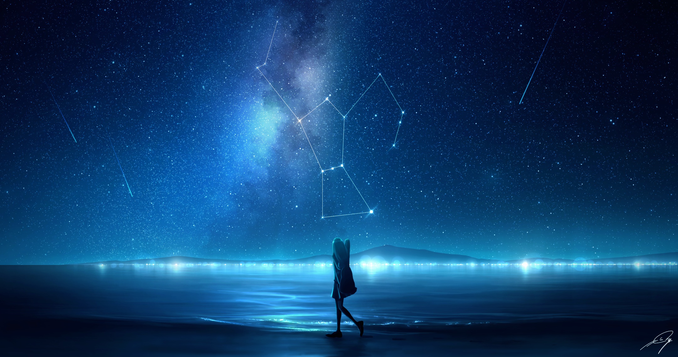 Anime Anime Girls Digital Digital Art Artwork Night Anime Sky Sky Stars Starry Night Lights Milky Wa 2160x1137
